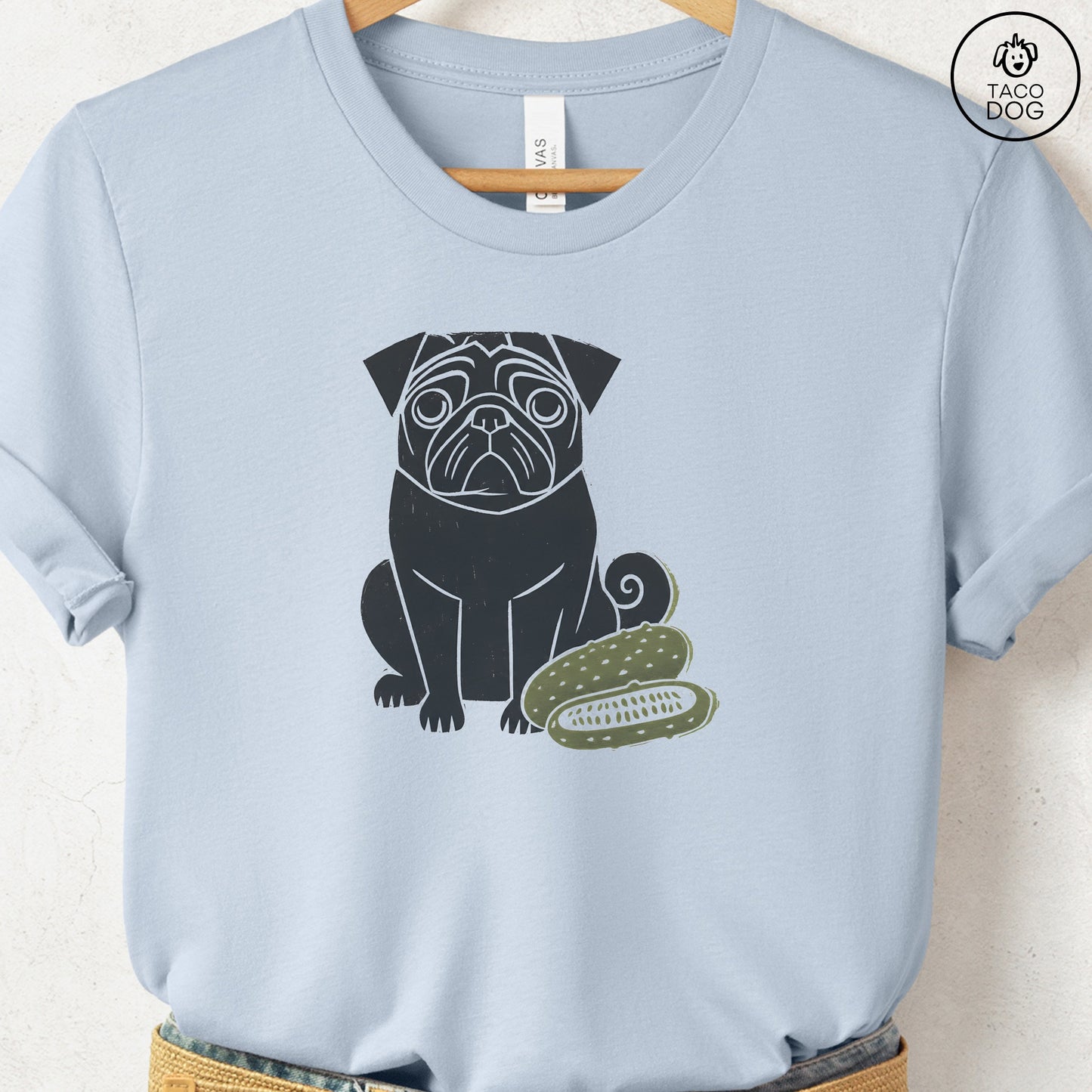 Pug Pickles Linocut Tee Light Blue S Taco-Dog