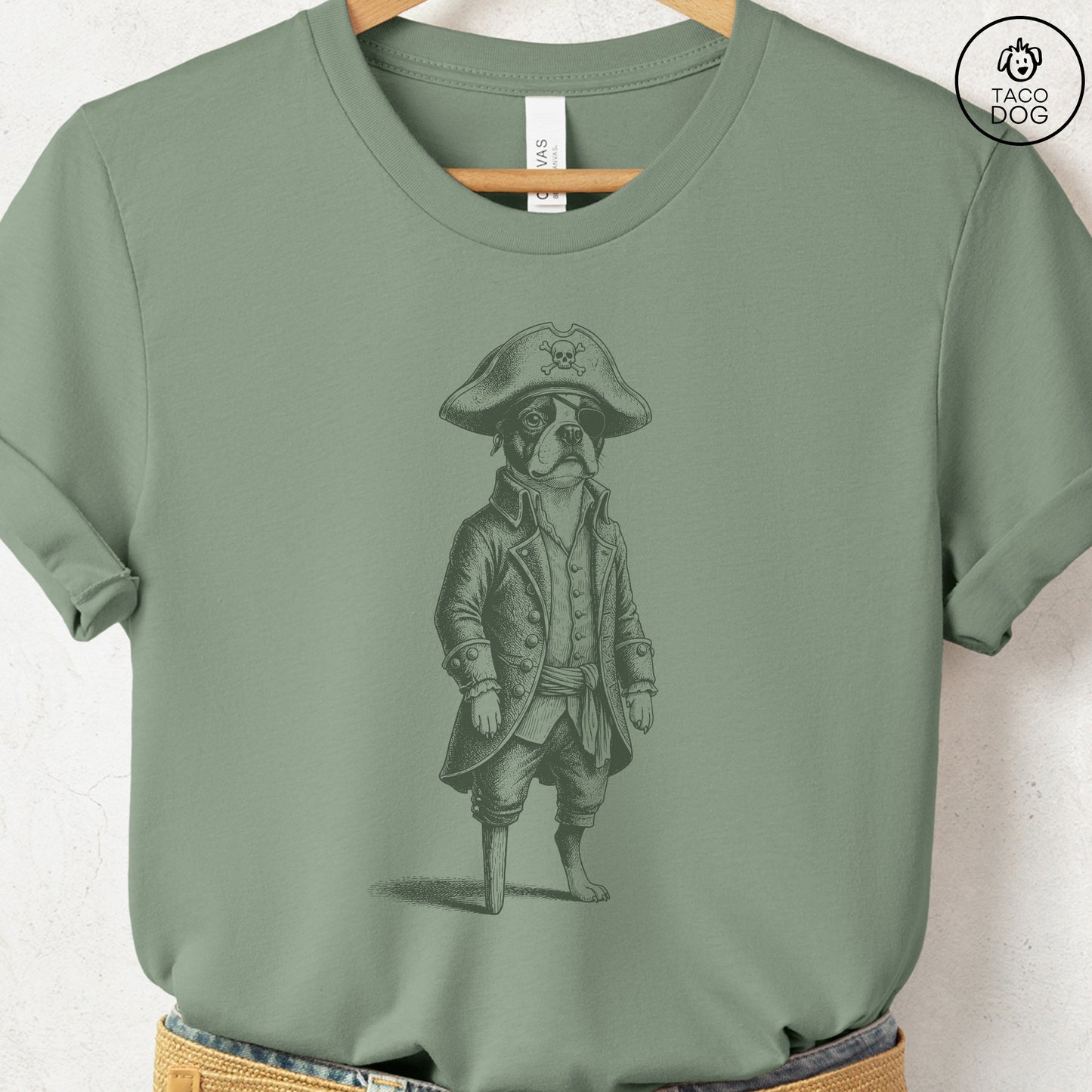 Boston Terrier Pirate T-Shirt Sage S Taco-Dog