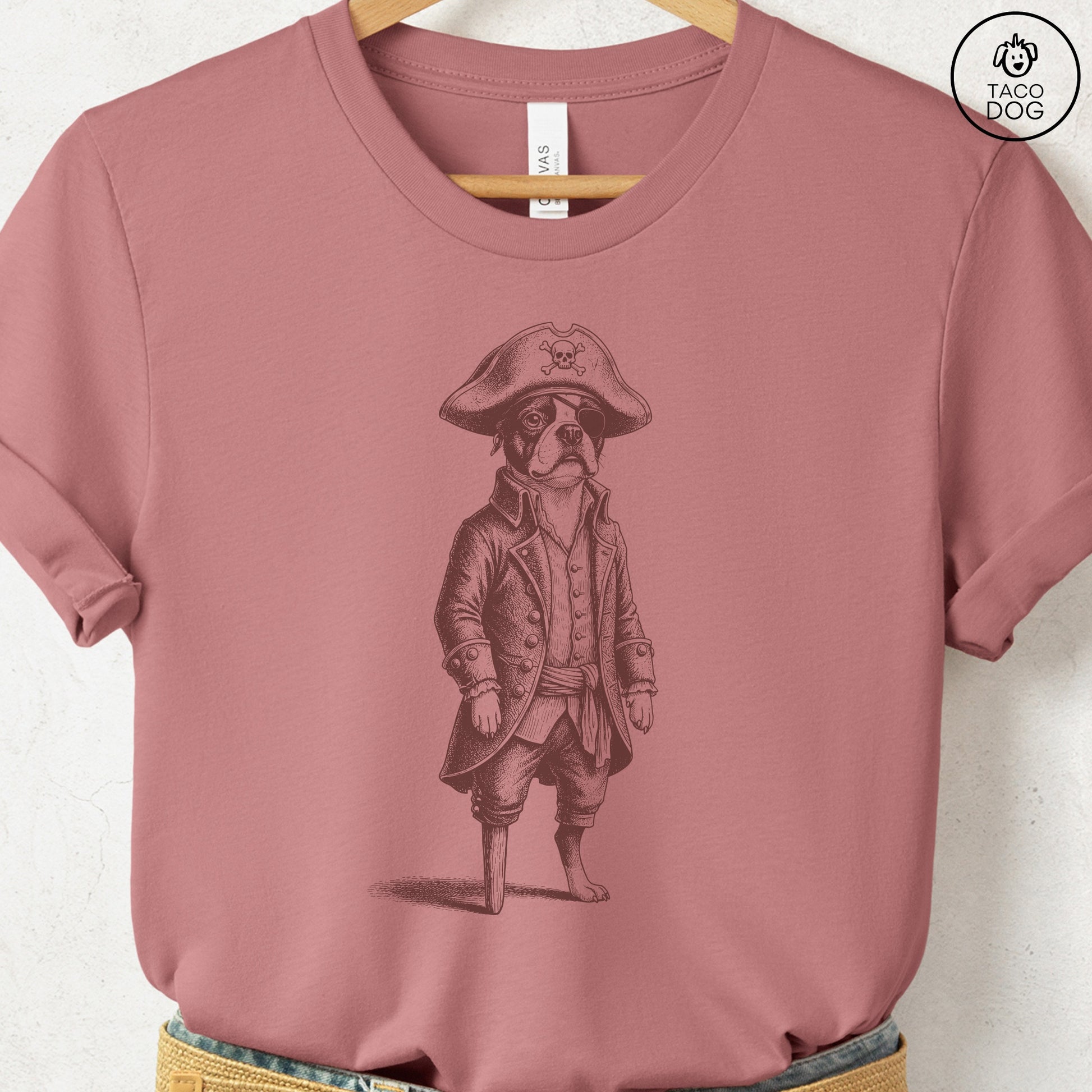 Boston Terrier Pirate T-Shirt Heather Mauve S Taco-Dog