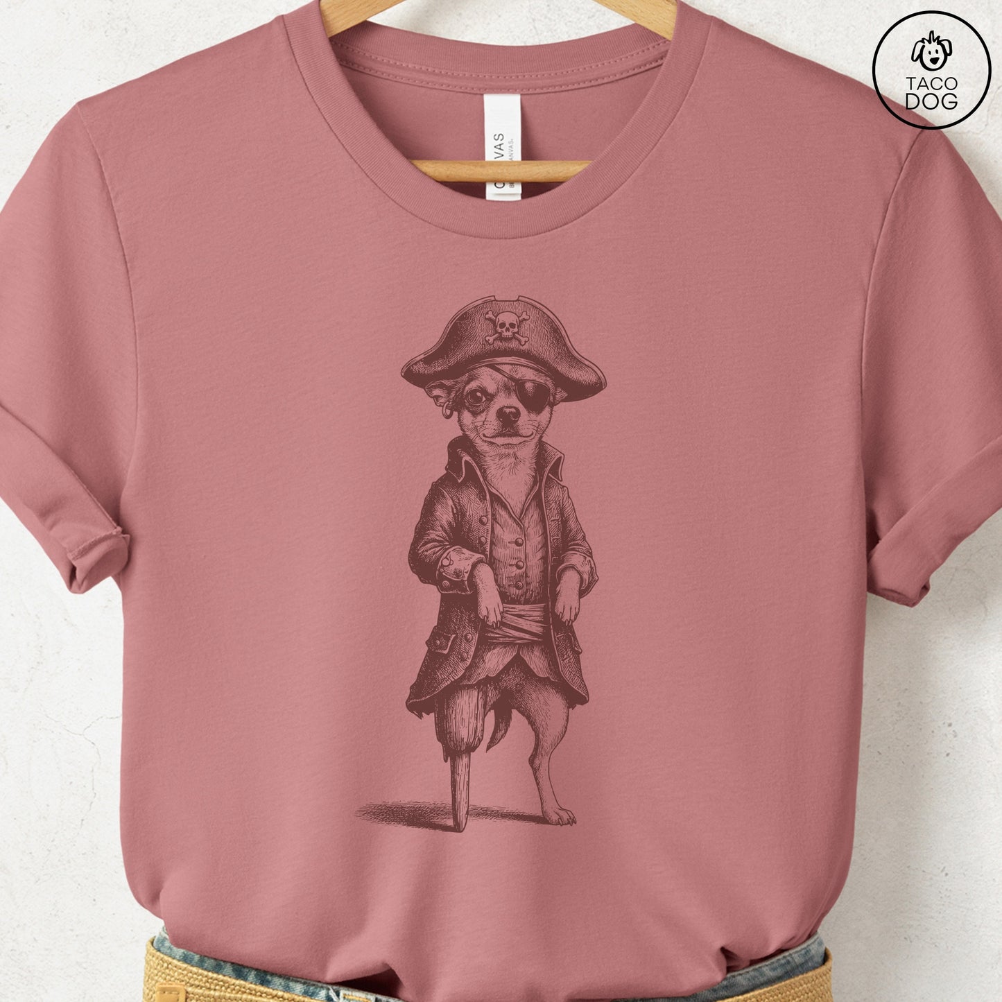 Chihuahua Pirate T-Shirt Heather Mauve S Taco-Dog