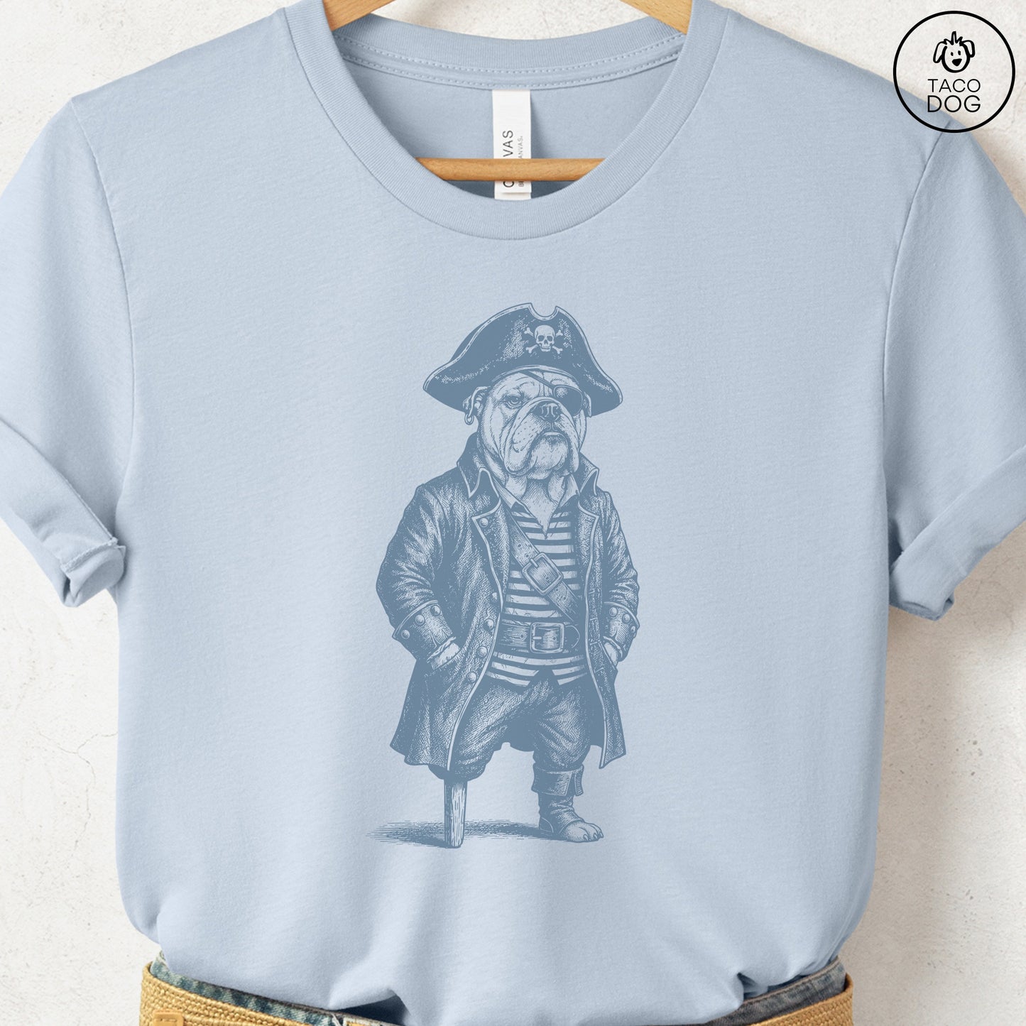 English Bulldog Pirate T-Shirt Light Blue S Taco-Dog