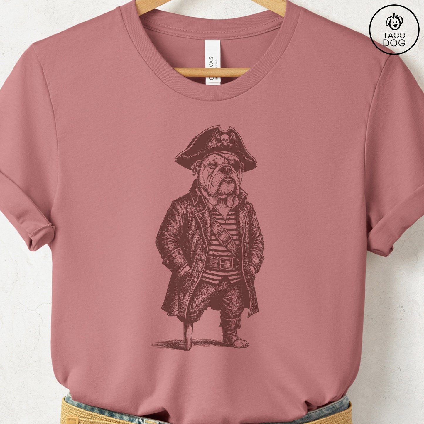 English Bulldog Pirate T-Shirt Heather Mauve S Taco-Dog