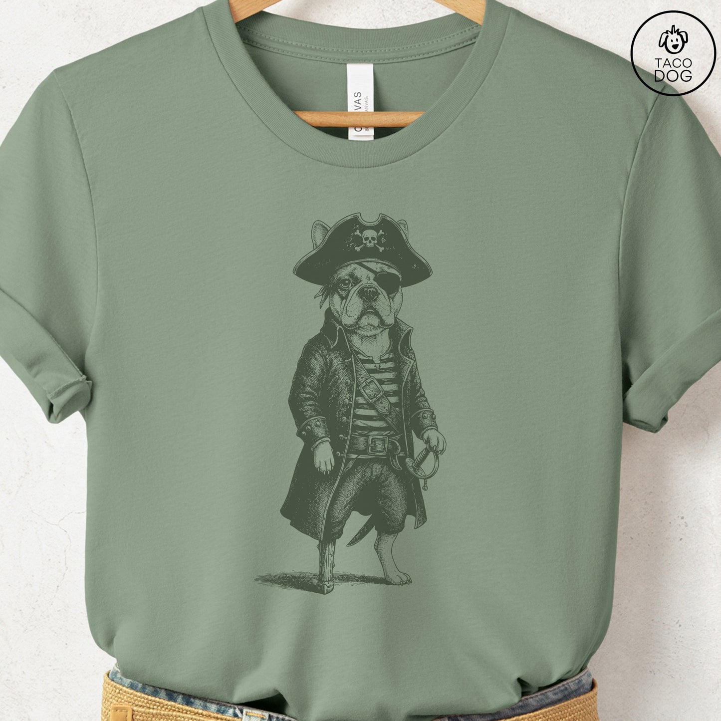 French Bulldog Frenchie Pirate T-Shirt Sage S Taco-Dog