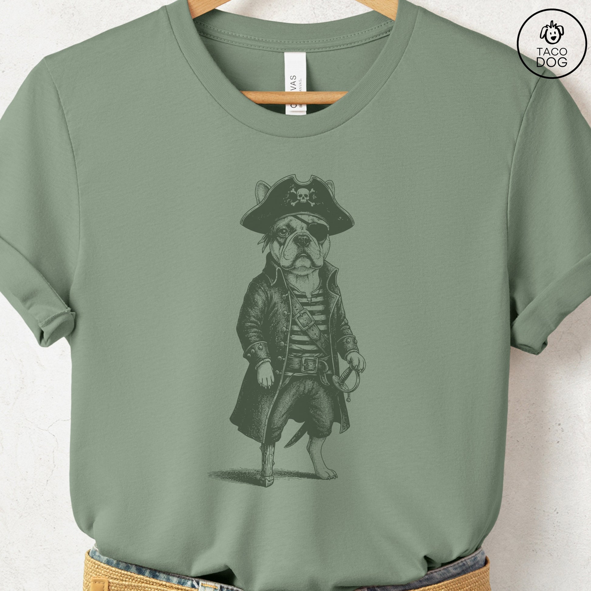 French Bulldog Frenchie Pirate T-Shirt Sage S Taco-Dog