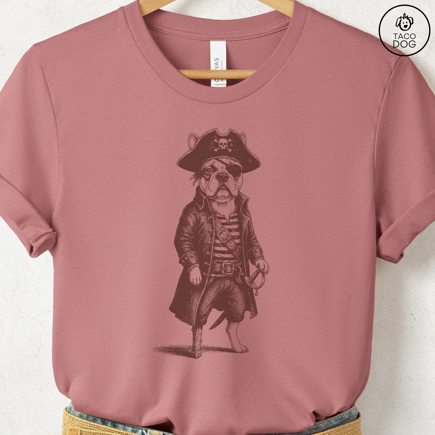 French Bulldog Frenchie Pirate T-Shirt Heather Mauve S Taco-Dog