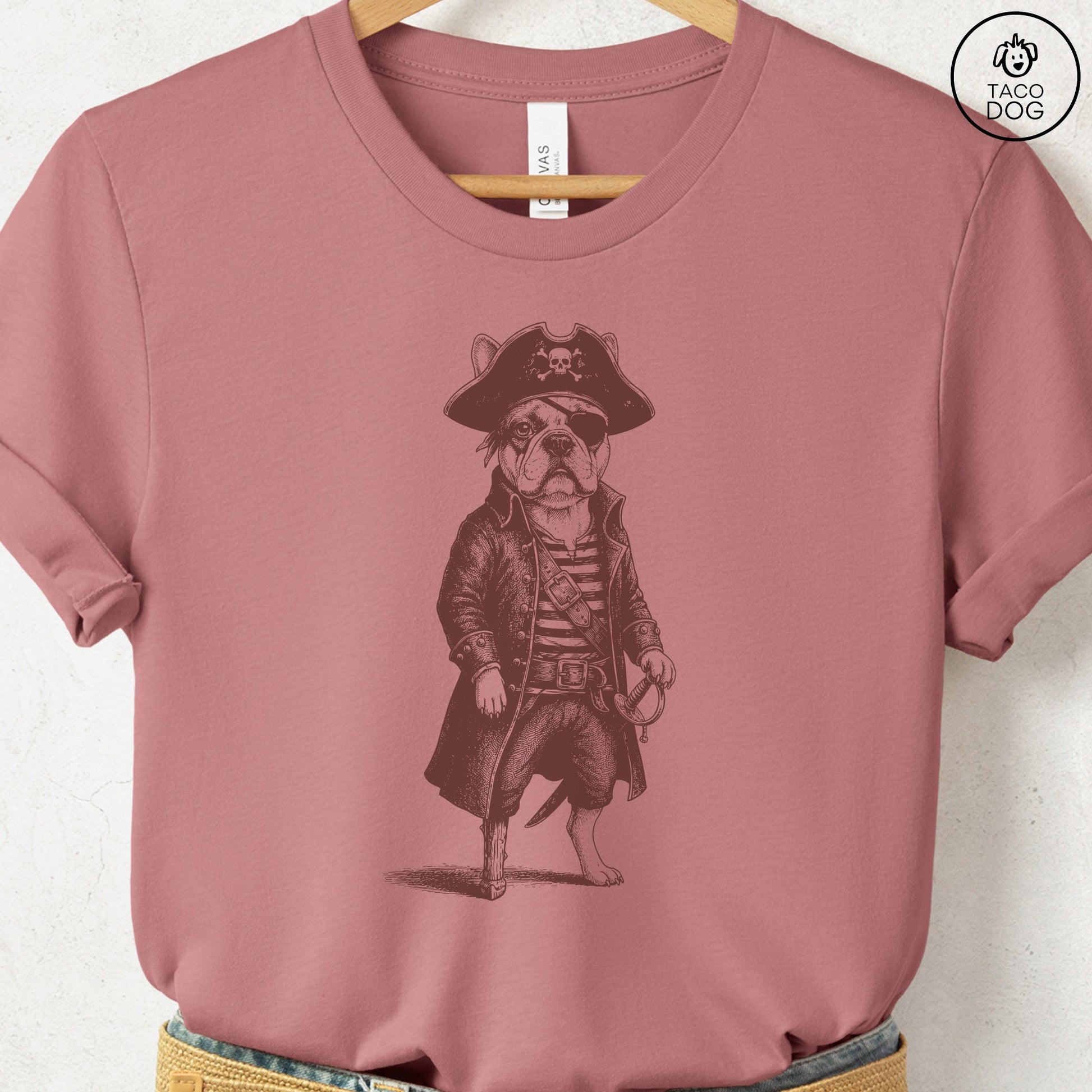French Bulldog Frenchie Pirate T-Shirt Heather Mauve S Taco-Dog