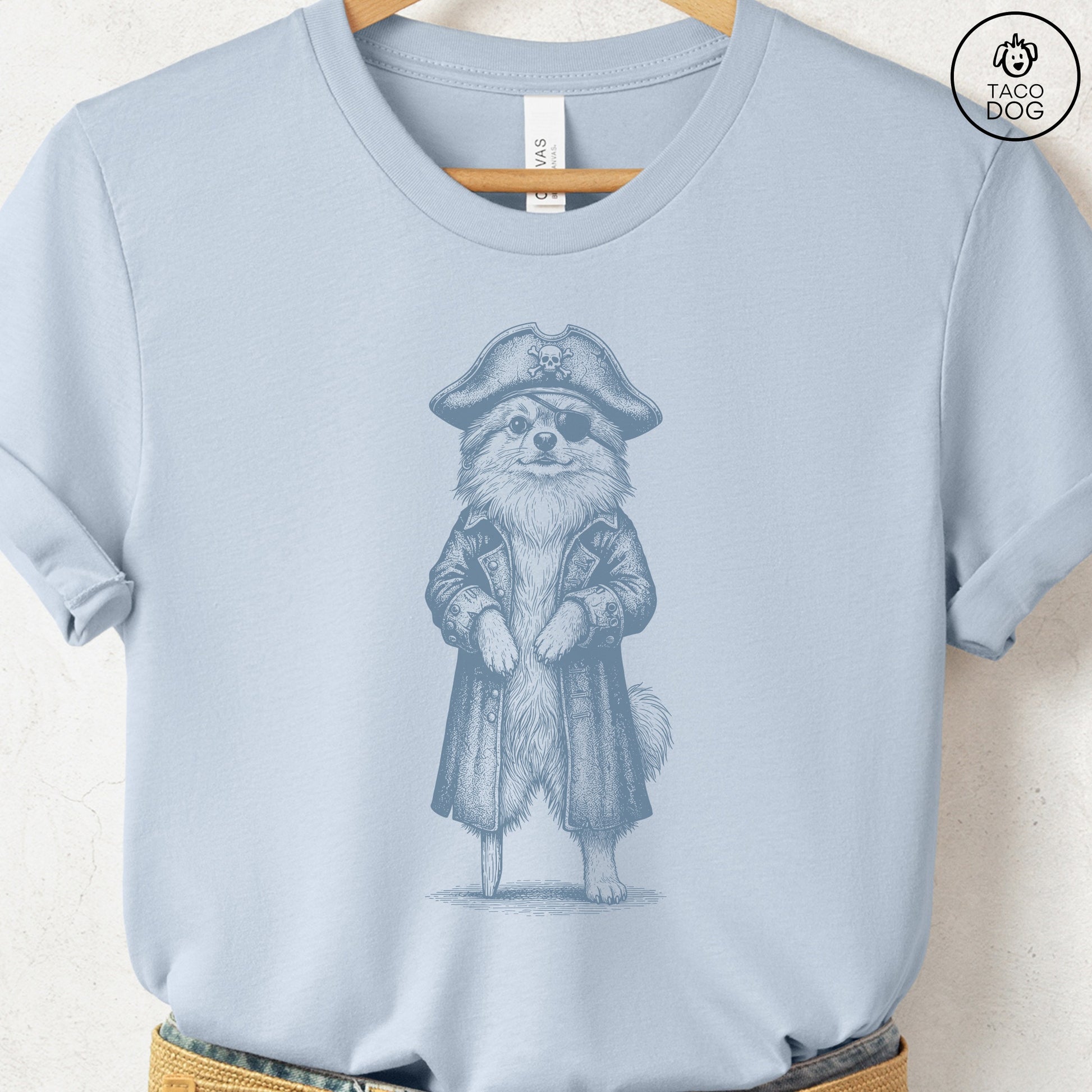 Pomeranian Pirate T-Shirt Light Blue S Taco-Dog