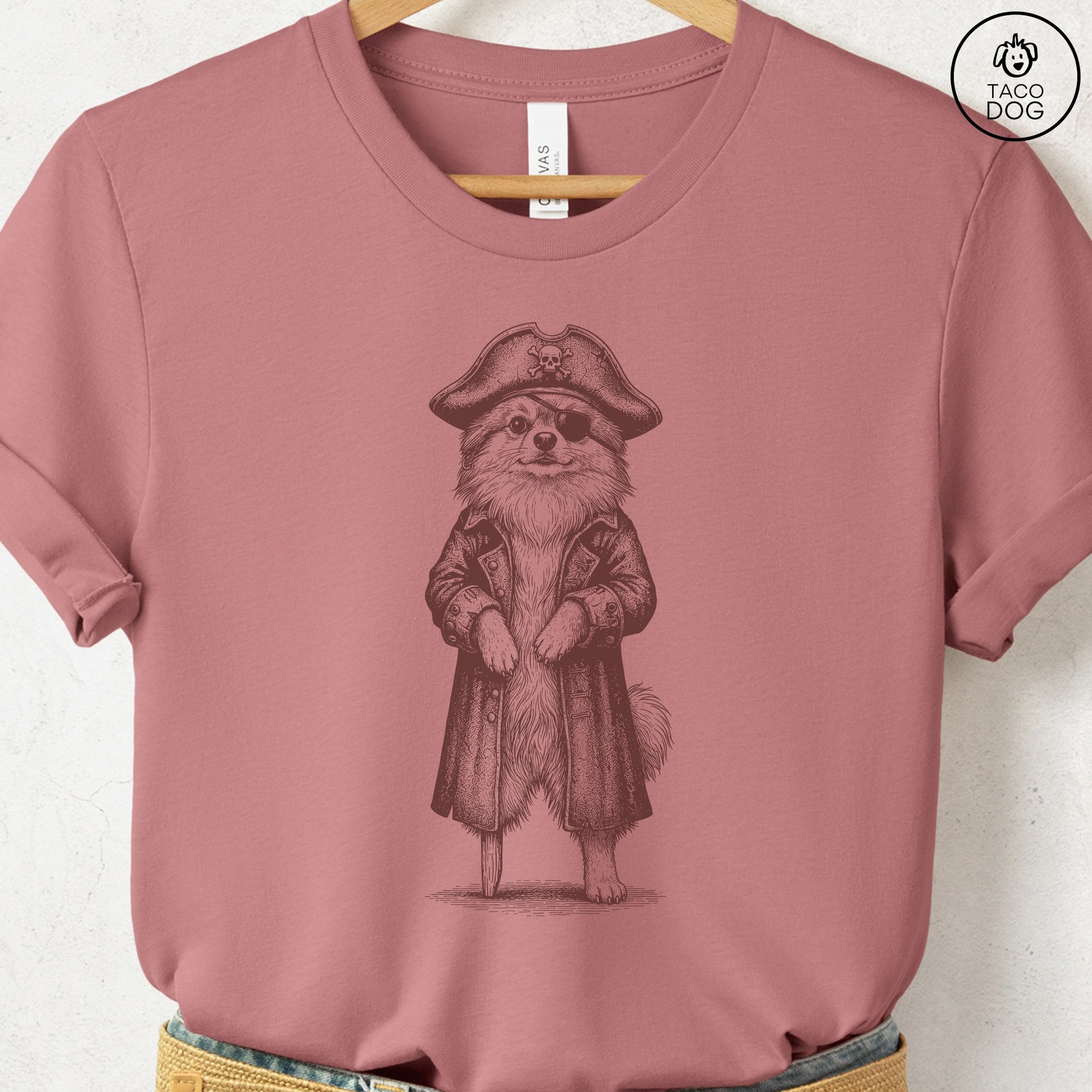 Pomeranian Pirate T-Shirt Heather Mauve S Taco-Dog