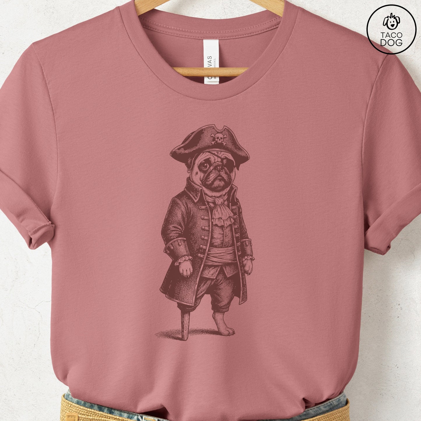 Pug Pirate T-Shirt Heather Mauve S Taco-Dog