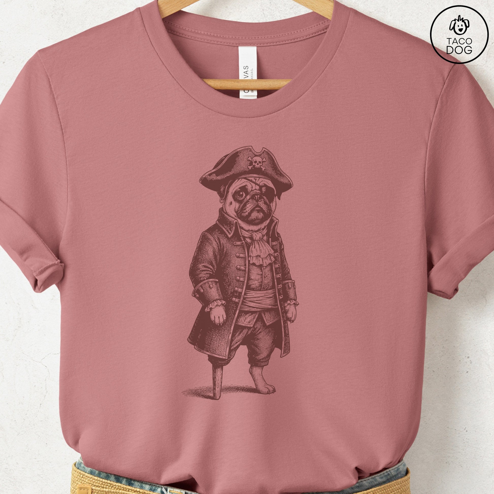 Pug Pirate T-Shirt Heather Mauve S Taco-Dog