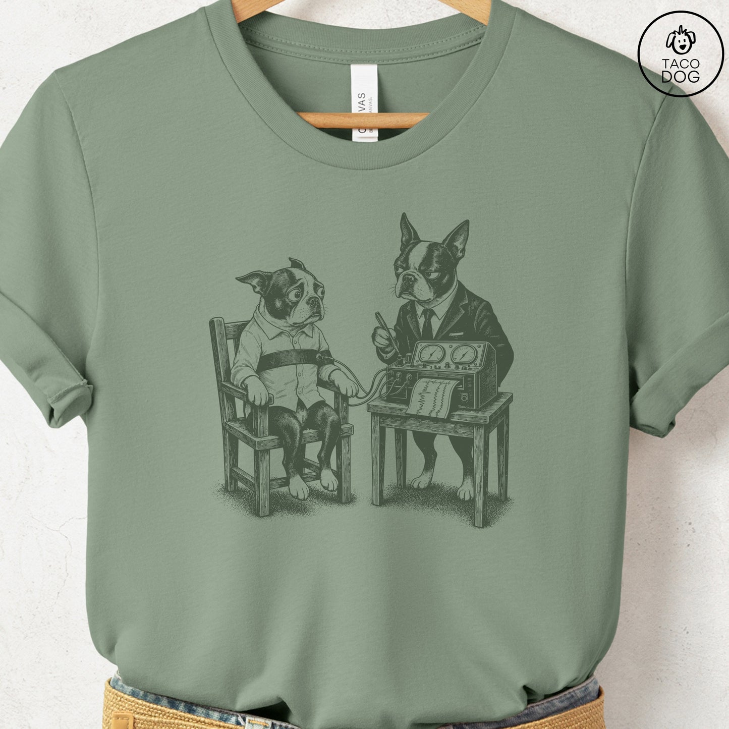 Boston Terrier Polygraph T-Shirt Sage Taco-Dog
