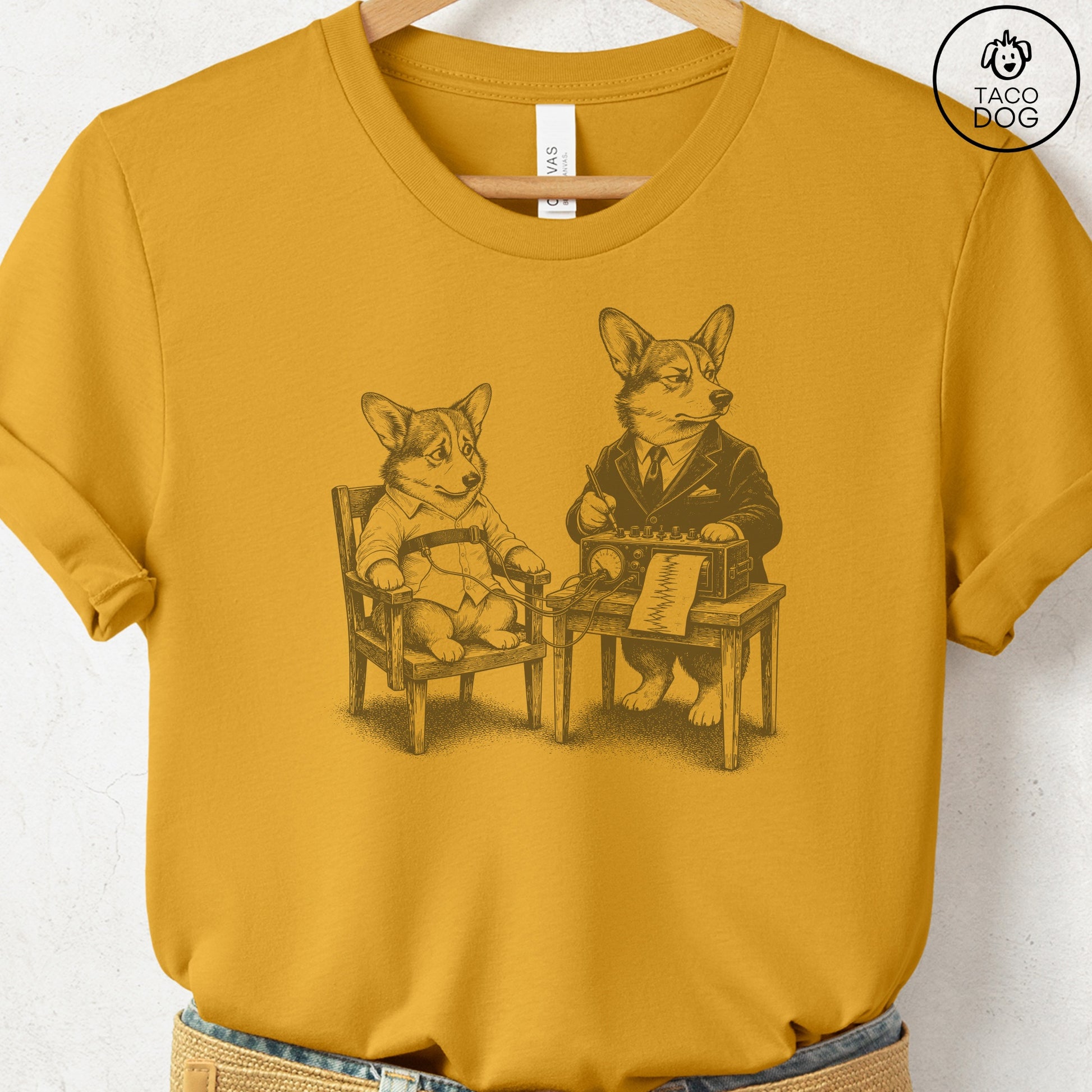Corgi Polygraph T-Shirt Mustard Taco-Dog