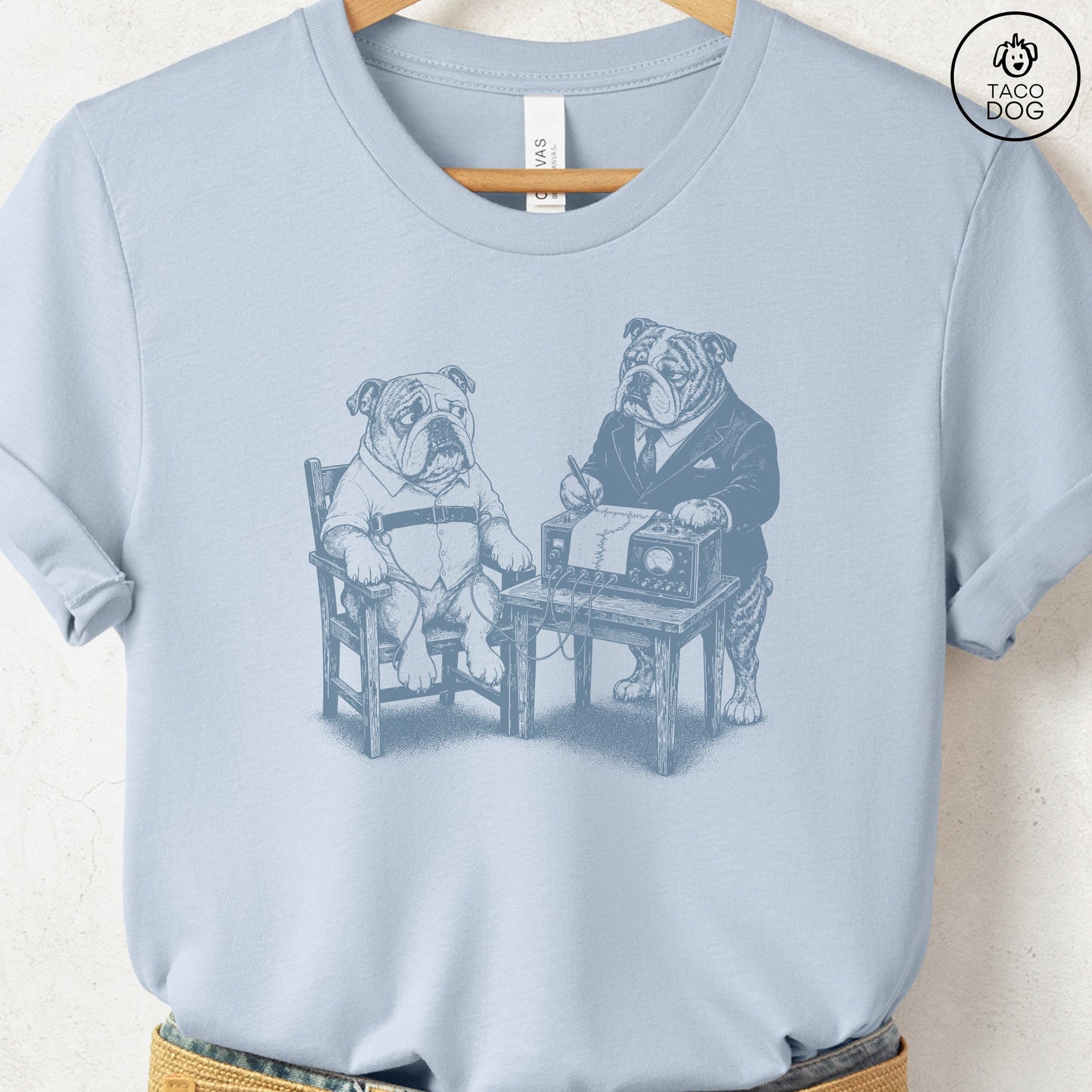 English Bulldog Polygraph T-Shirt Light Blue Taco-Dog