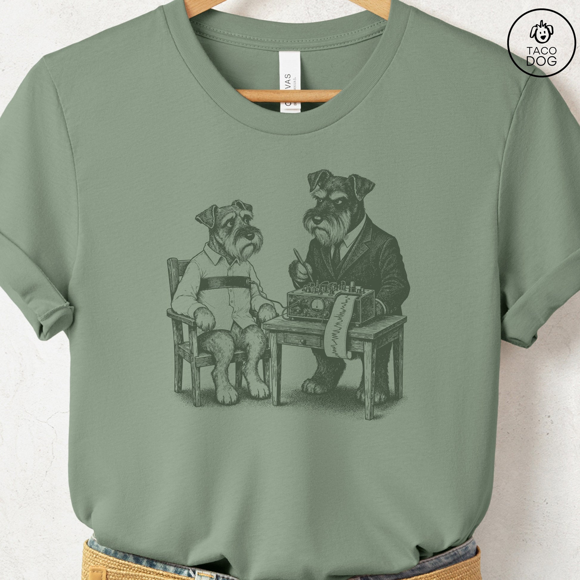 Schnauzer Polygraph T-Shirt Sage Taco-Dog