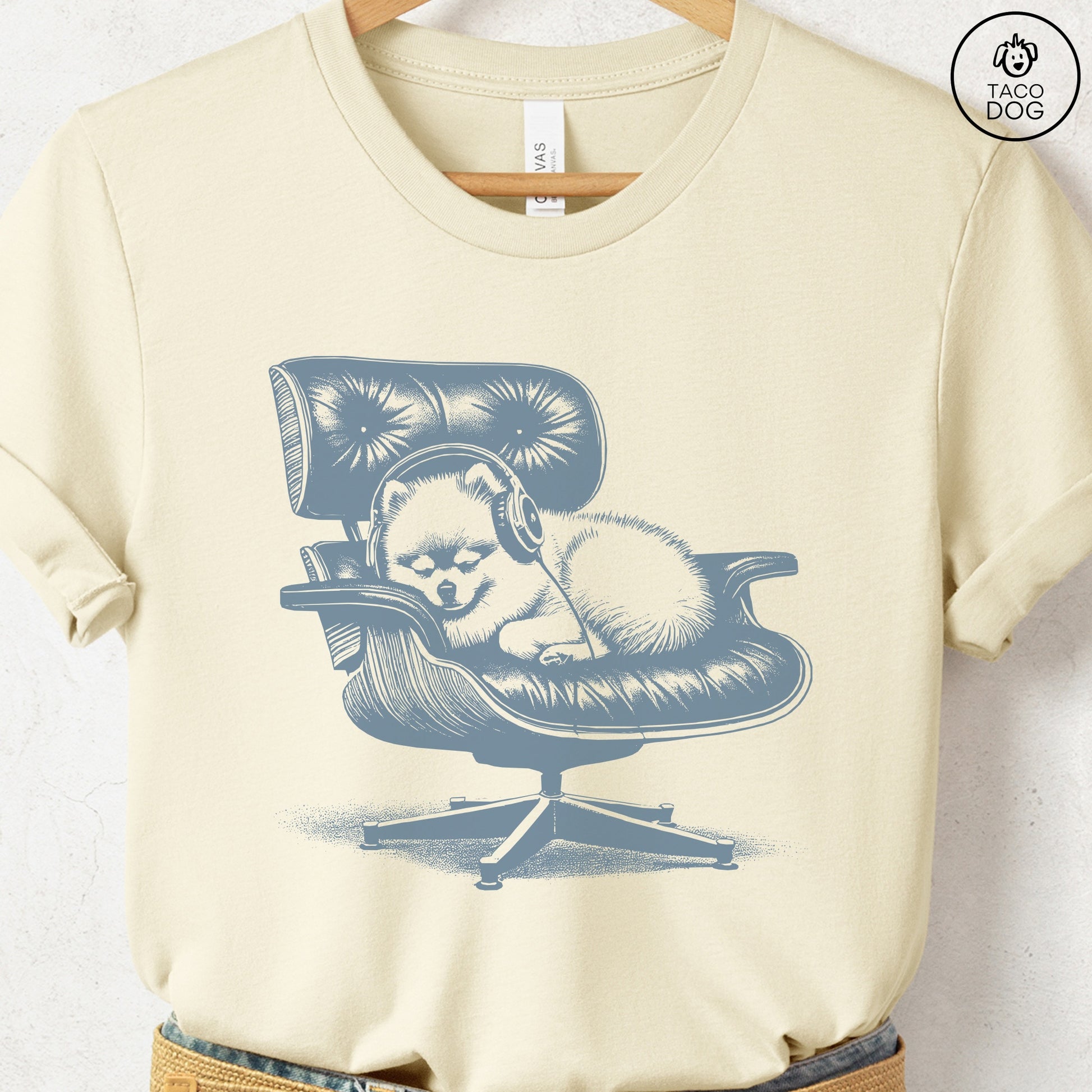 Pomeranian Eames Headphones T-Shirt Natural XS Taco-Dog