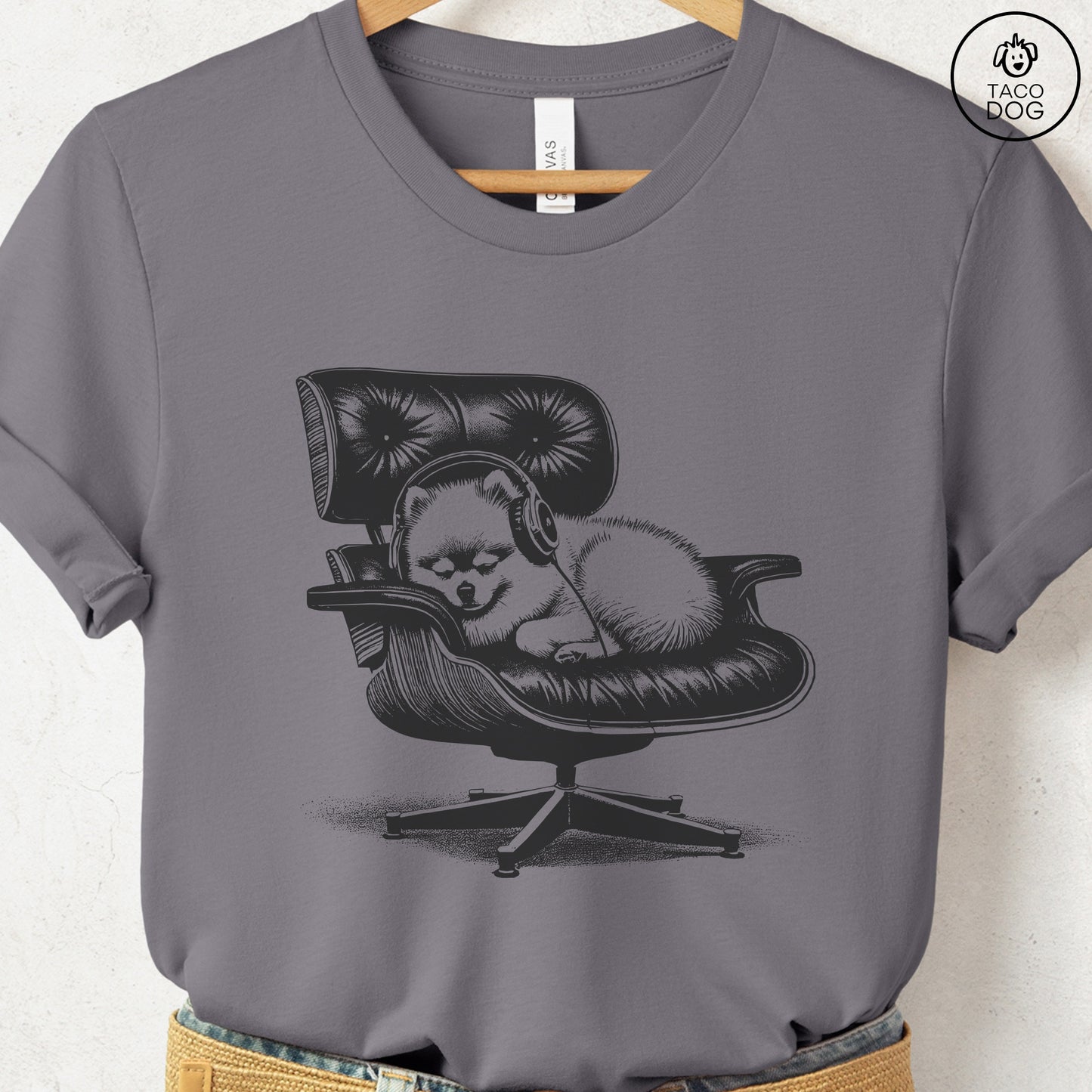 Pomeranian Eames Headphones T-Shirt Storm XS Taco-Dog