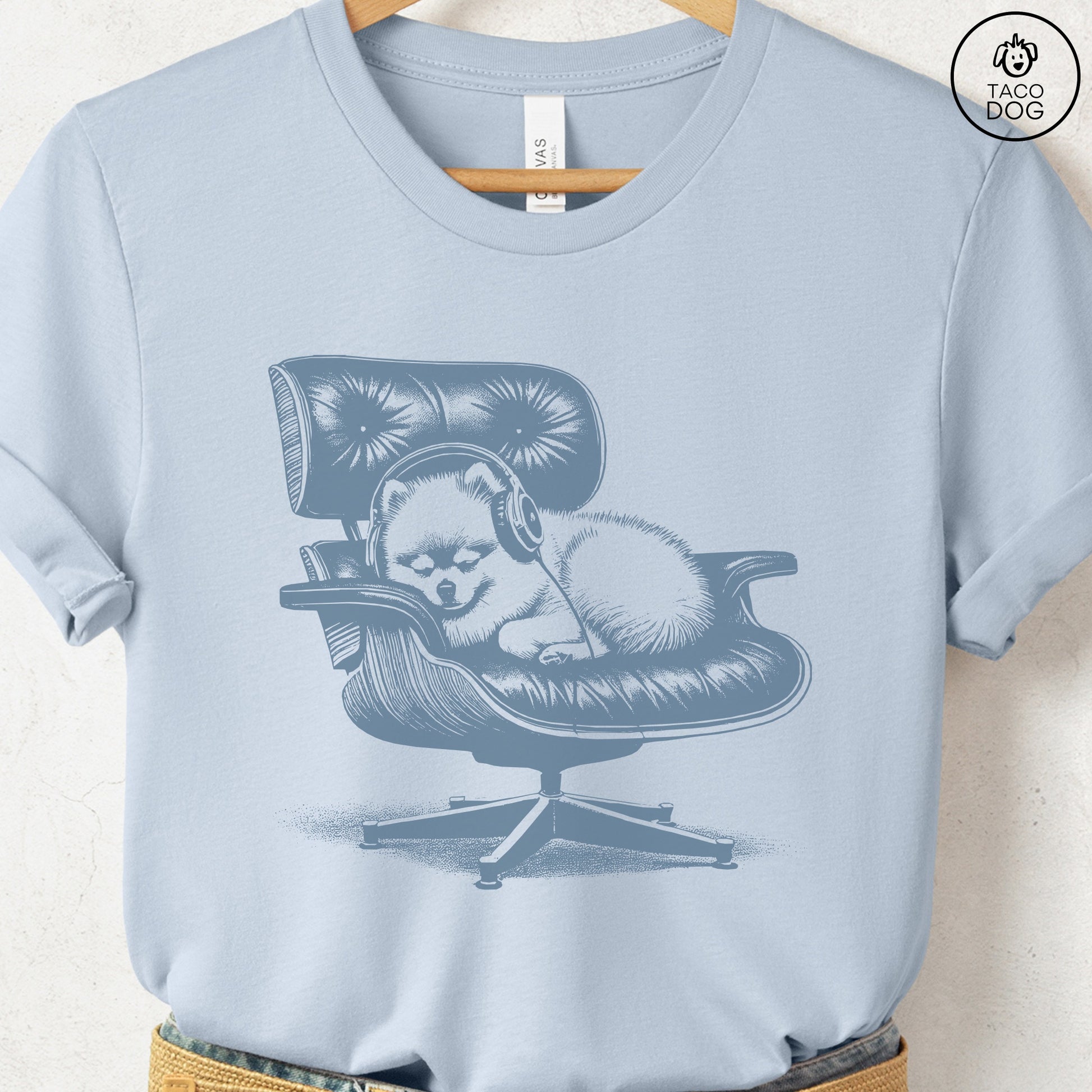 Pomeranian Eames Headphones T-Shirt Light Blue XS Taco-Dog