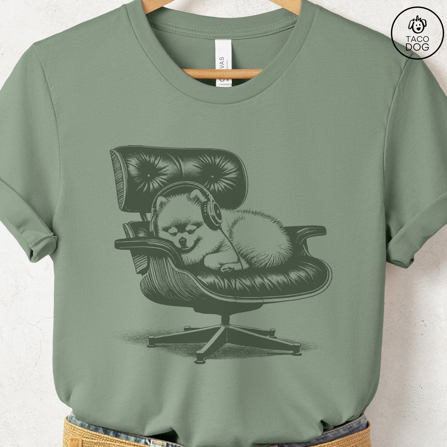 Pomeranian Eames Headphones T-Shirt Sage XS Taco-Dog
