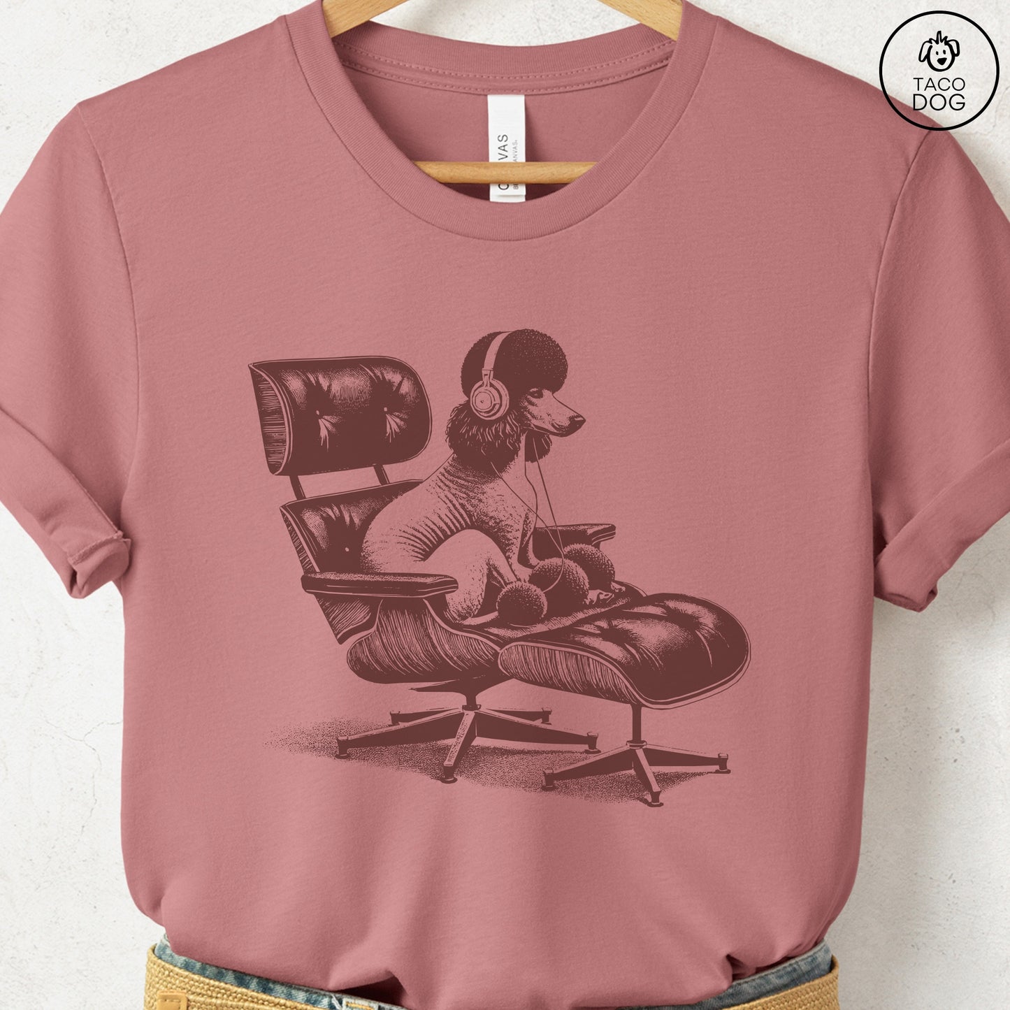 Poodle Eames Headphones T-Shirt Heather Mauve XS Taco-Dog
