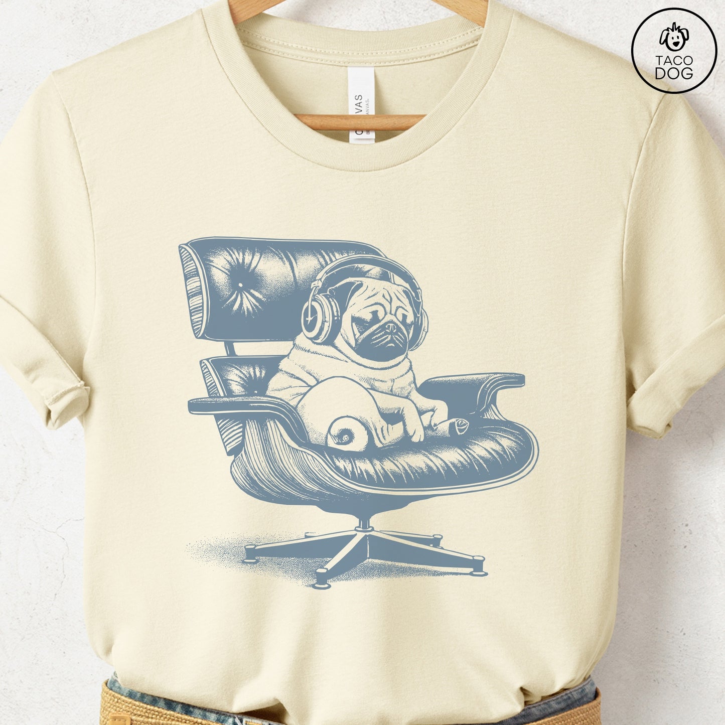 Pug Eames Headphones T-Shirt Natural XS Taco-Dog