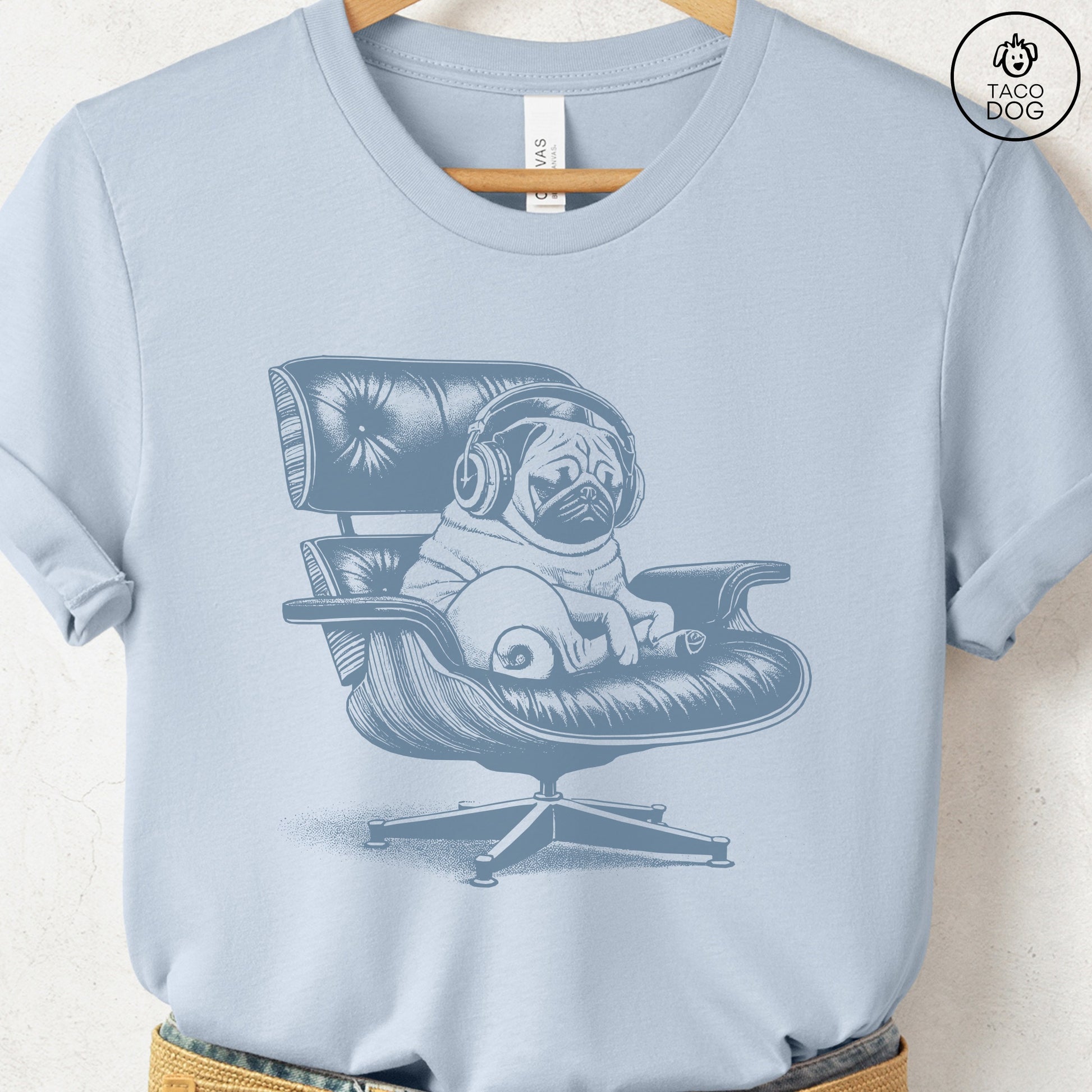 Pug Eames Headphones T-Shirt Light Blue XS Taco-Dog