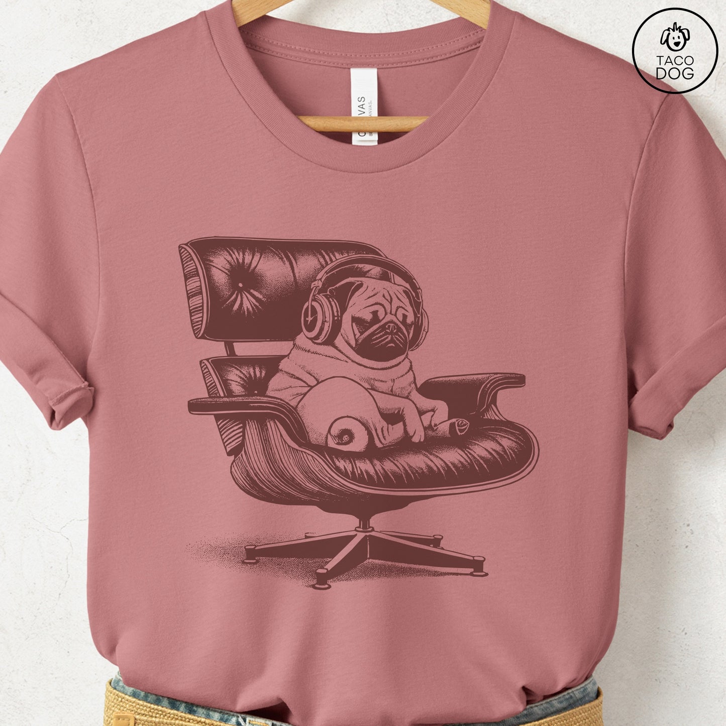 Pug Eames Headphones T-Shirt Heather Mauve XS Taco-Dog