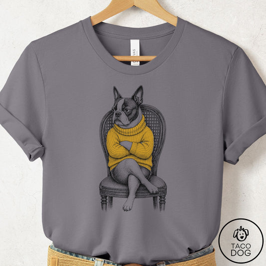 Boston Terrier Reluctant Turtleneck T-Shirt Storm Taco-Dog