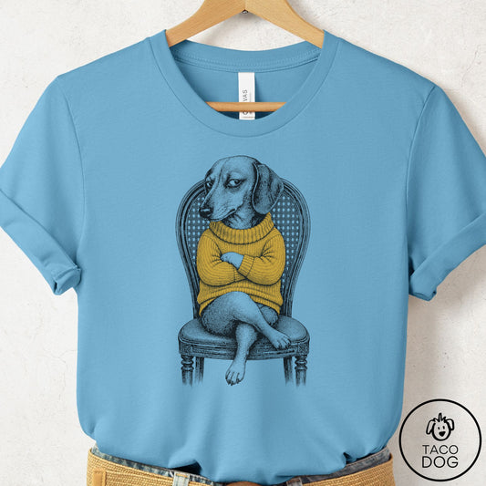 Dachshund Reluctant Turtleneck T-Shirt Ocean Blue Taco-Dog