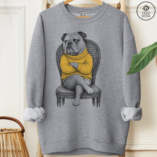 English Bulldog Reluctant Turtleneck Sweatshirt Graphite Heather Taco-Dog