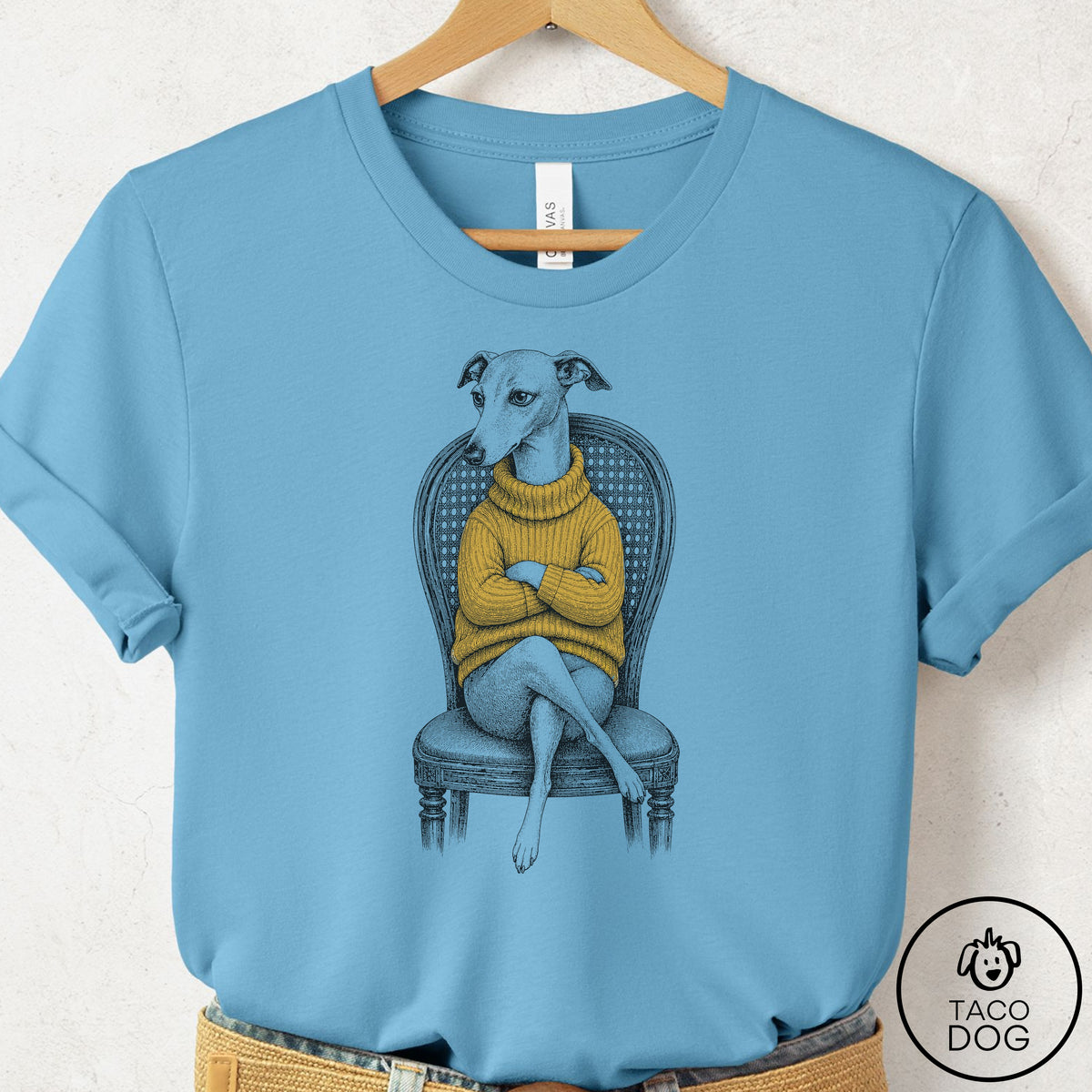 Italian Greyhound Whippet Reluctant Turtleneck T-Shirt Ocean Blue Taco-Dog
