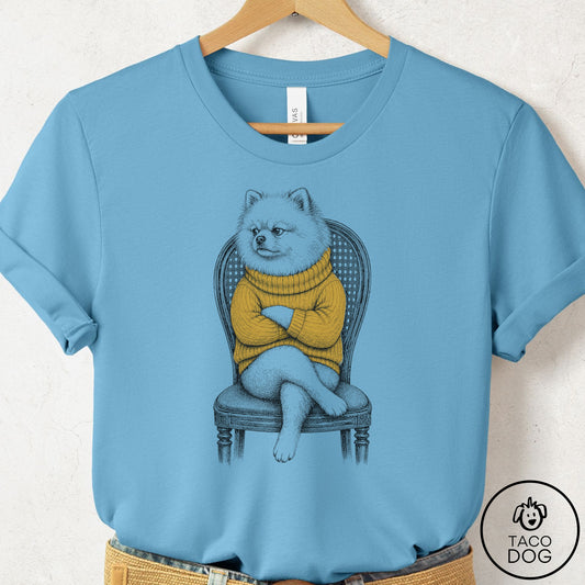 Pomeranian Reluctant Turtleneck T-Shirt Ocean Blue Taco-Dog