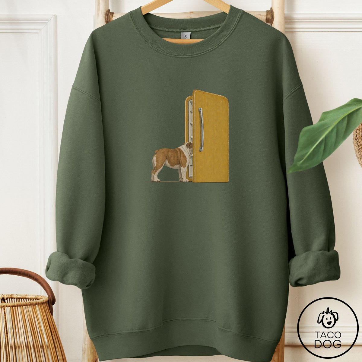 English Bulldog Refrigerator Sweatshirt Military Green Taco-Dog