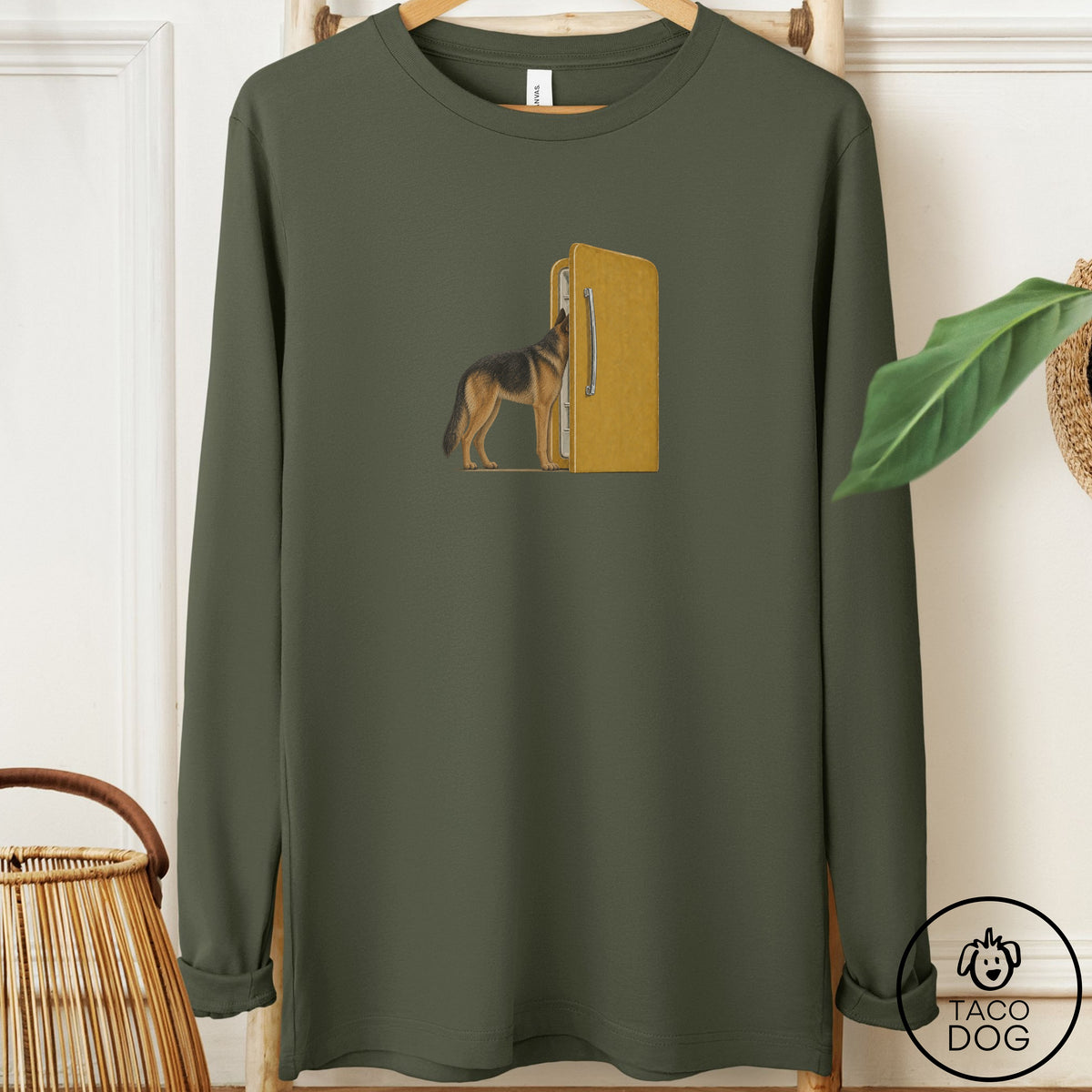 German Shepherd Refrigerator Long Sleeve Tee Military Green Taco-Dog