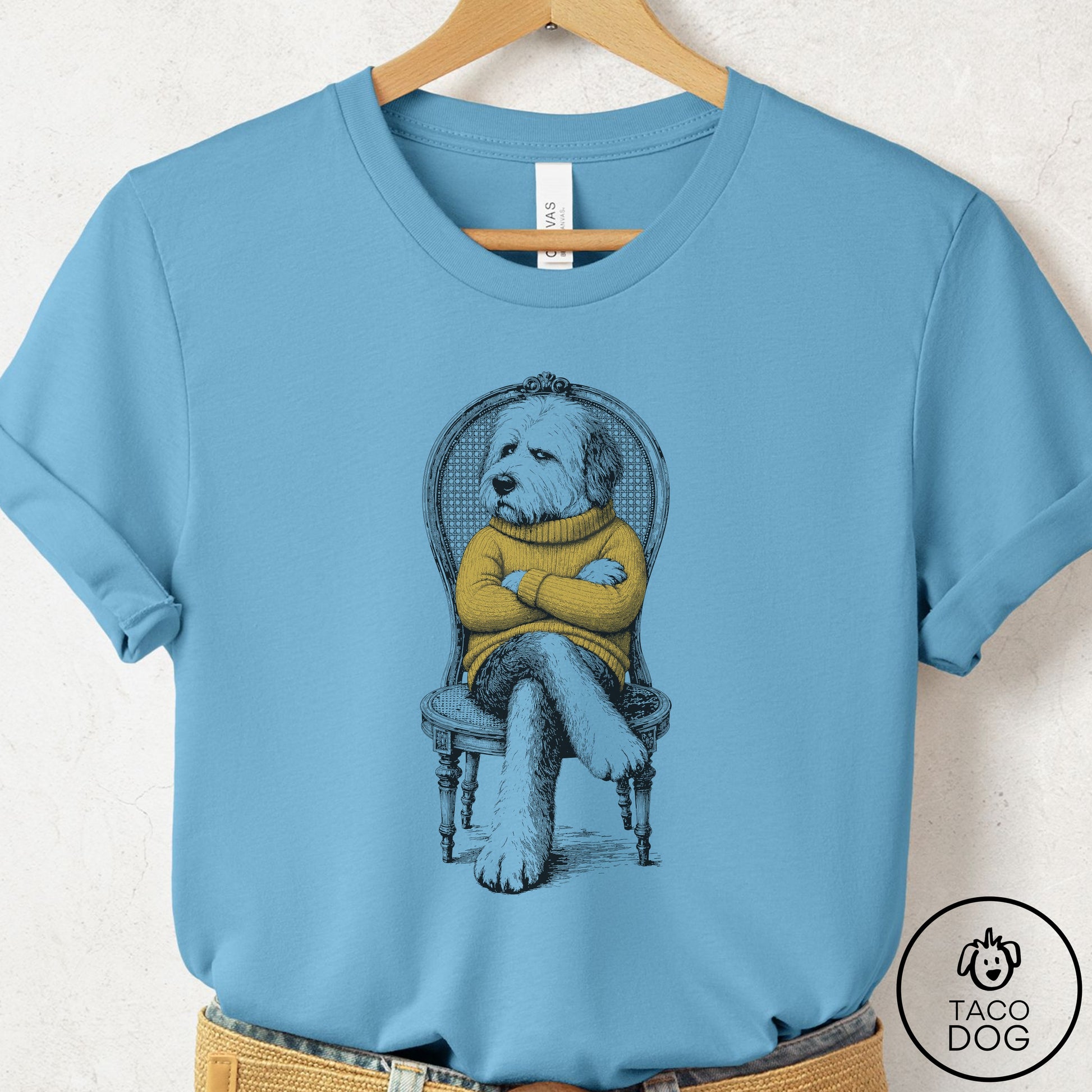 Old English Sheepdog Reluctant T-Shirt Ocean Blue Taco-Dog