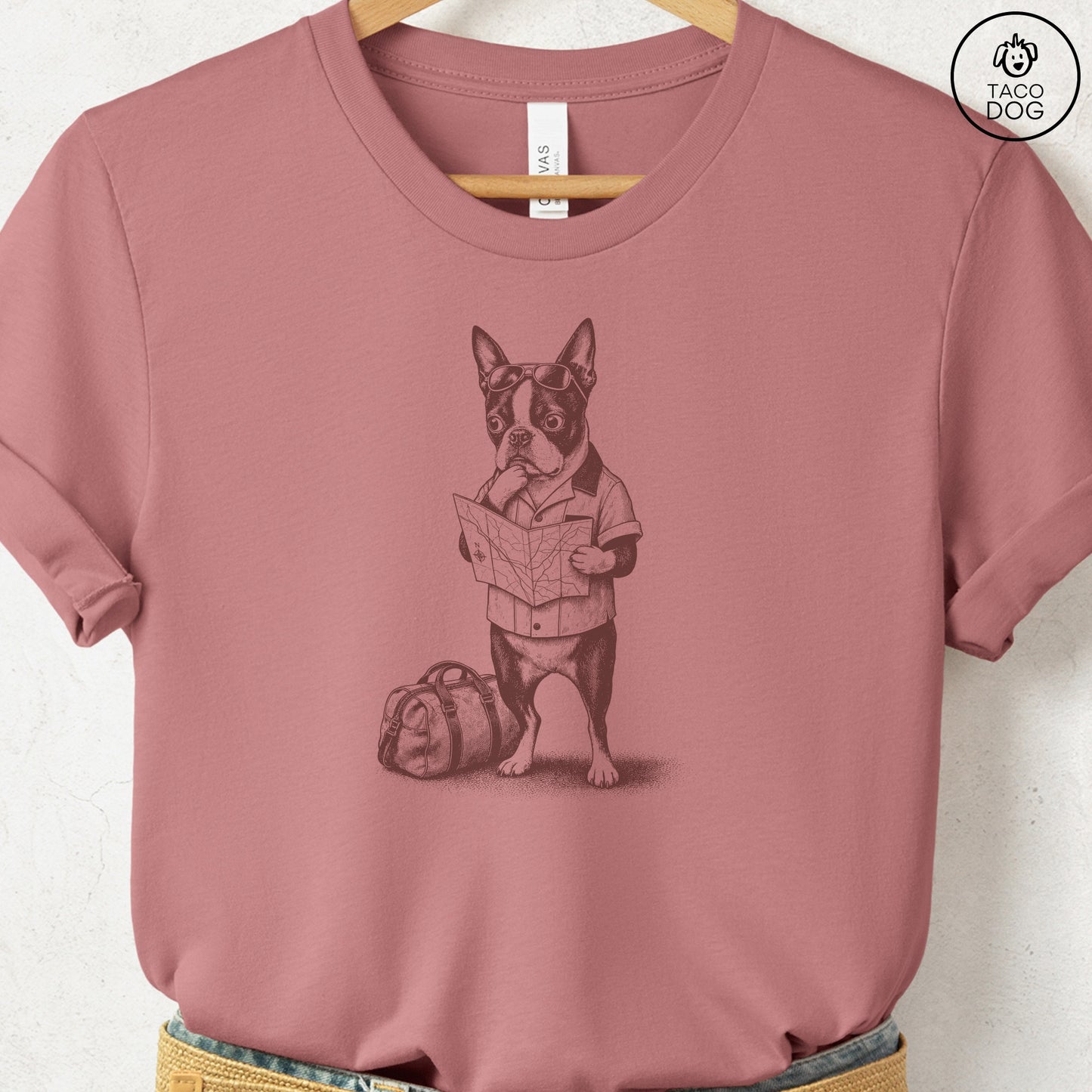 Boston Terrier Route 66 T-Shirt Heather Mauve Taco-Dog