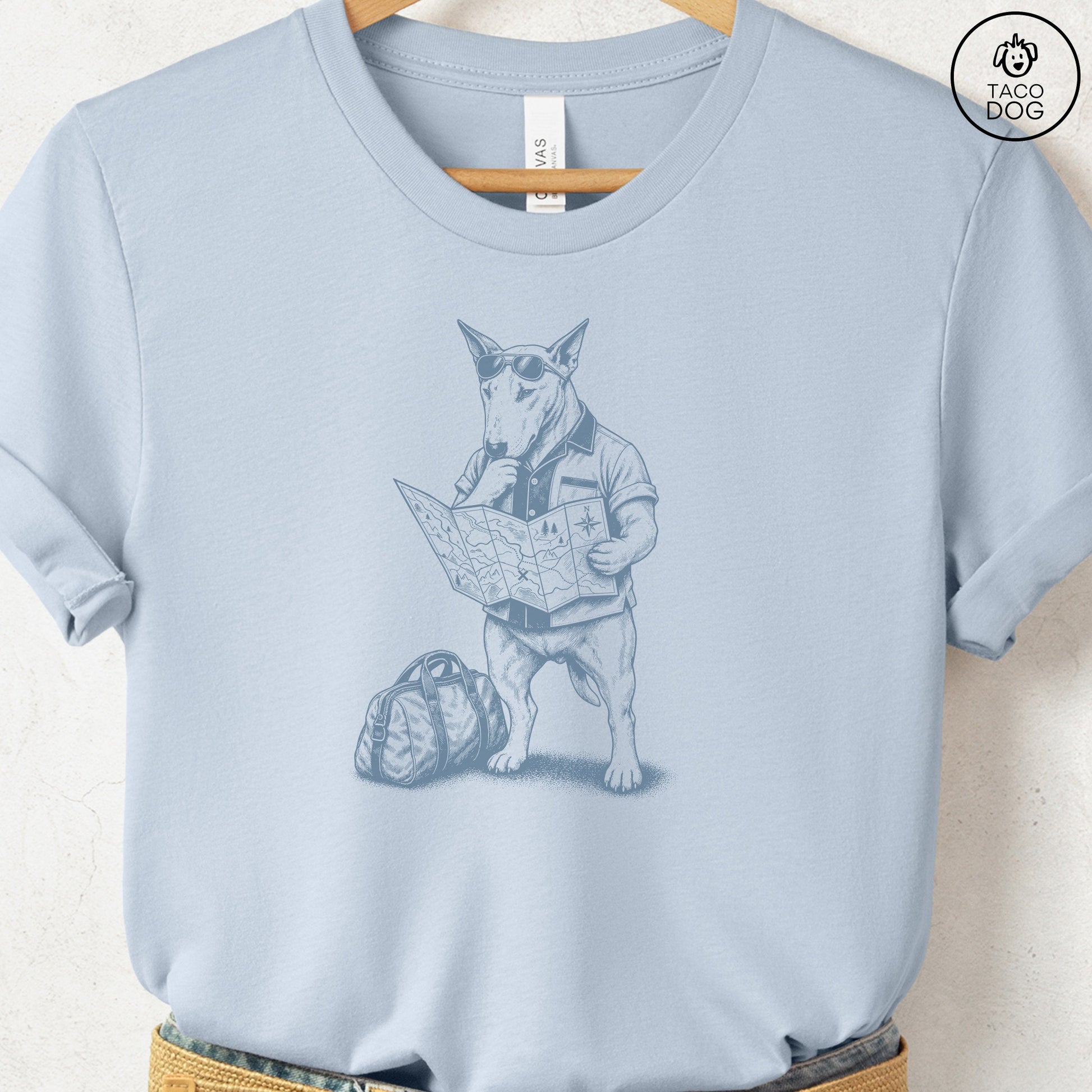 Bull Terrier Route 66 T-Shirt Light Blue Taco-Dog