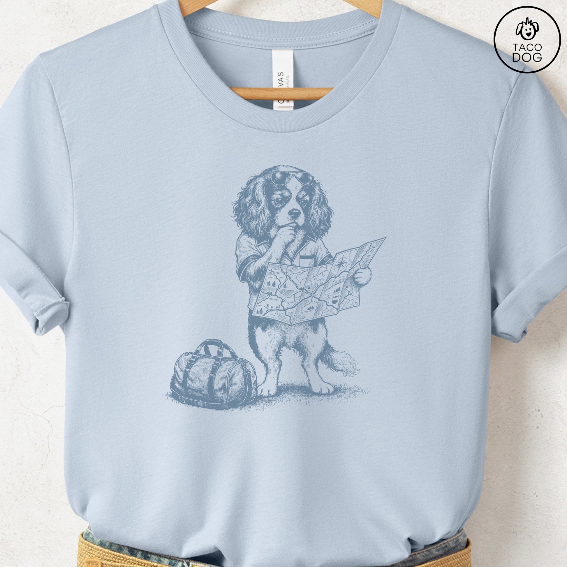 Cavalier King Charles Spaniel Route 66 T-Shirt Light Blue Taco-Dog