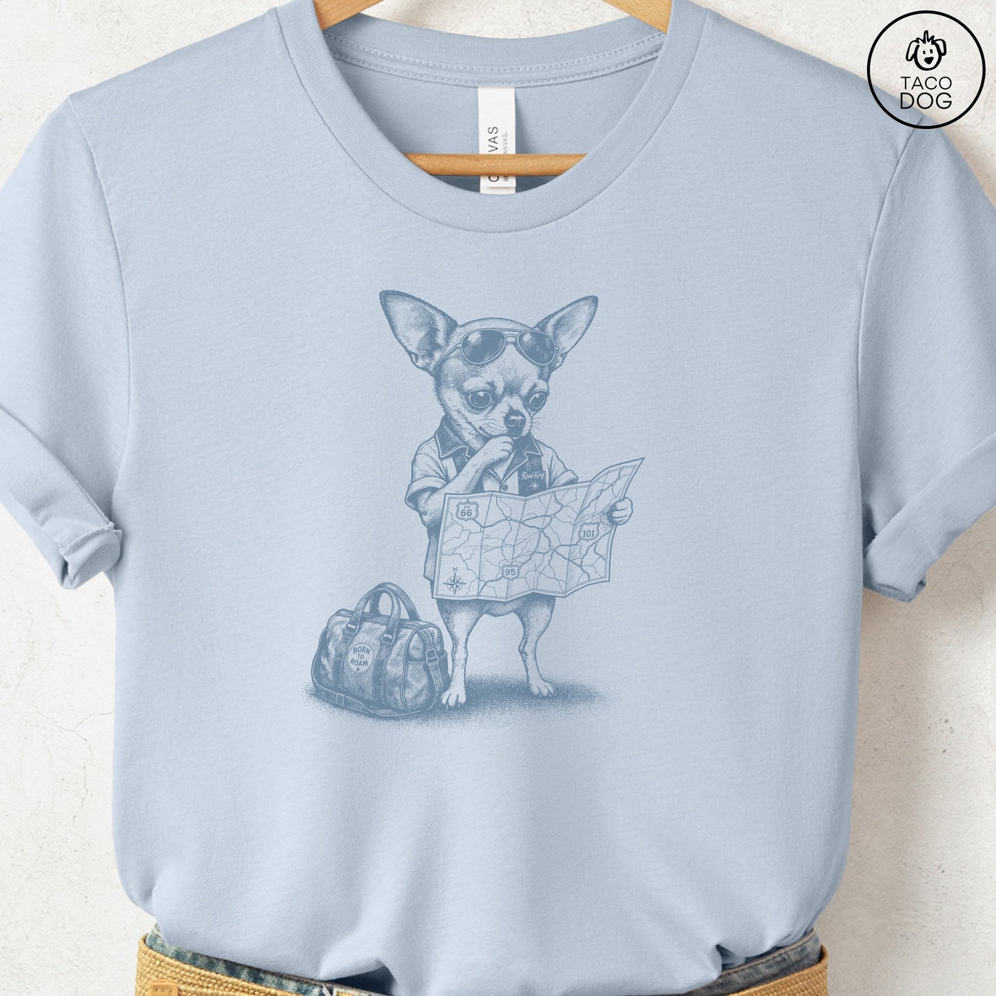 Chihuahua Route 66 T-Shirt Light Blue Taco-Dog