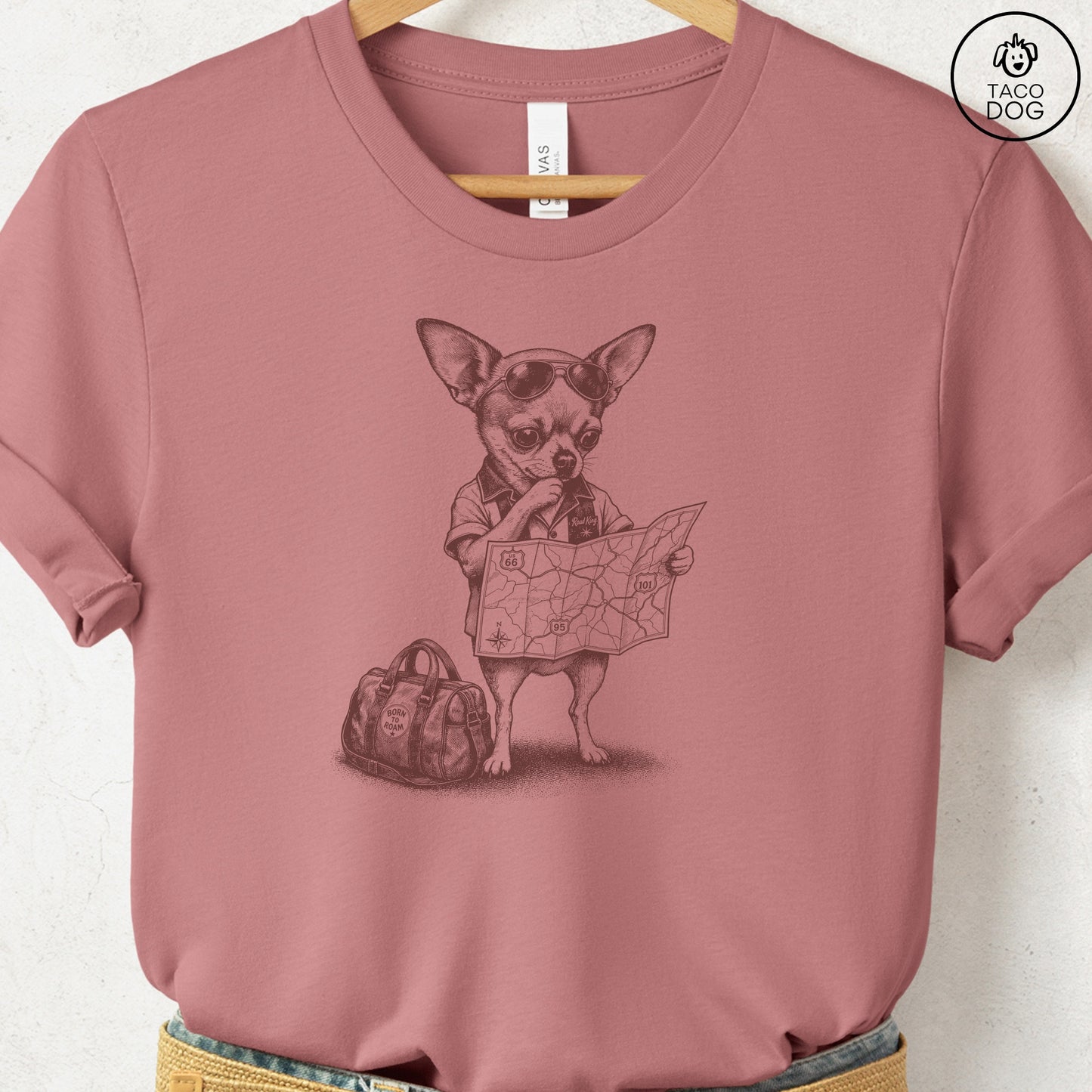 Chihuahua Route 66 T-Shirt Heather Mauve Taco-Dog