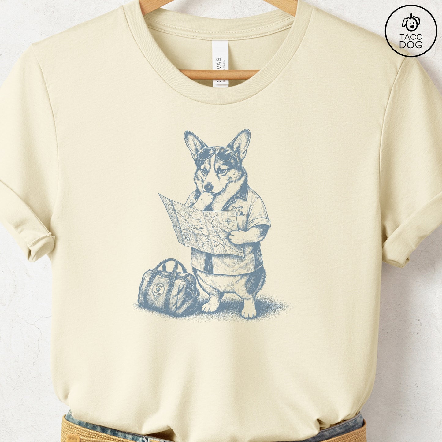 Corgi Route 66 T-Shirt Natural Taco-Dog