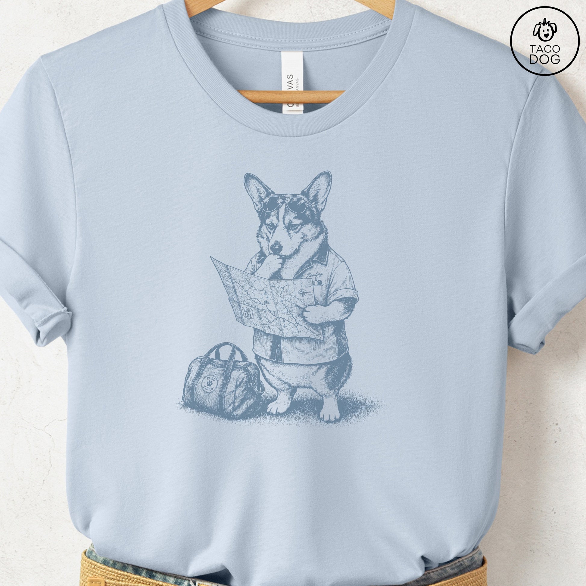 Corgi Route 66 T-Shirt Light Blue Taco-Dog