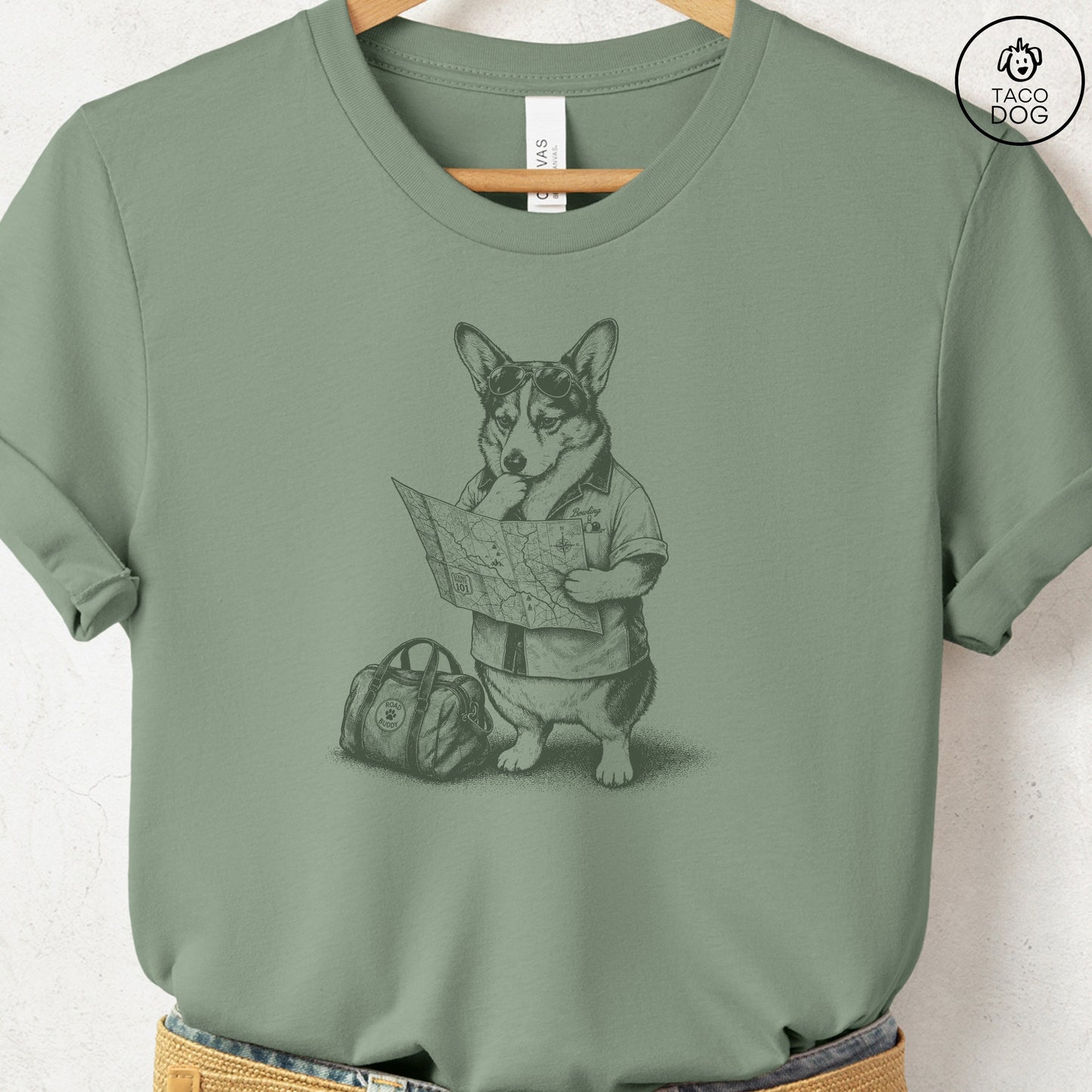 Corgi Route 66 T-Shirt Sage Taco-Dog