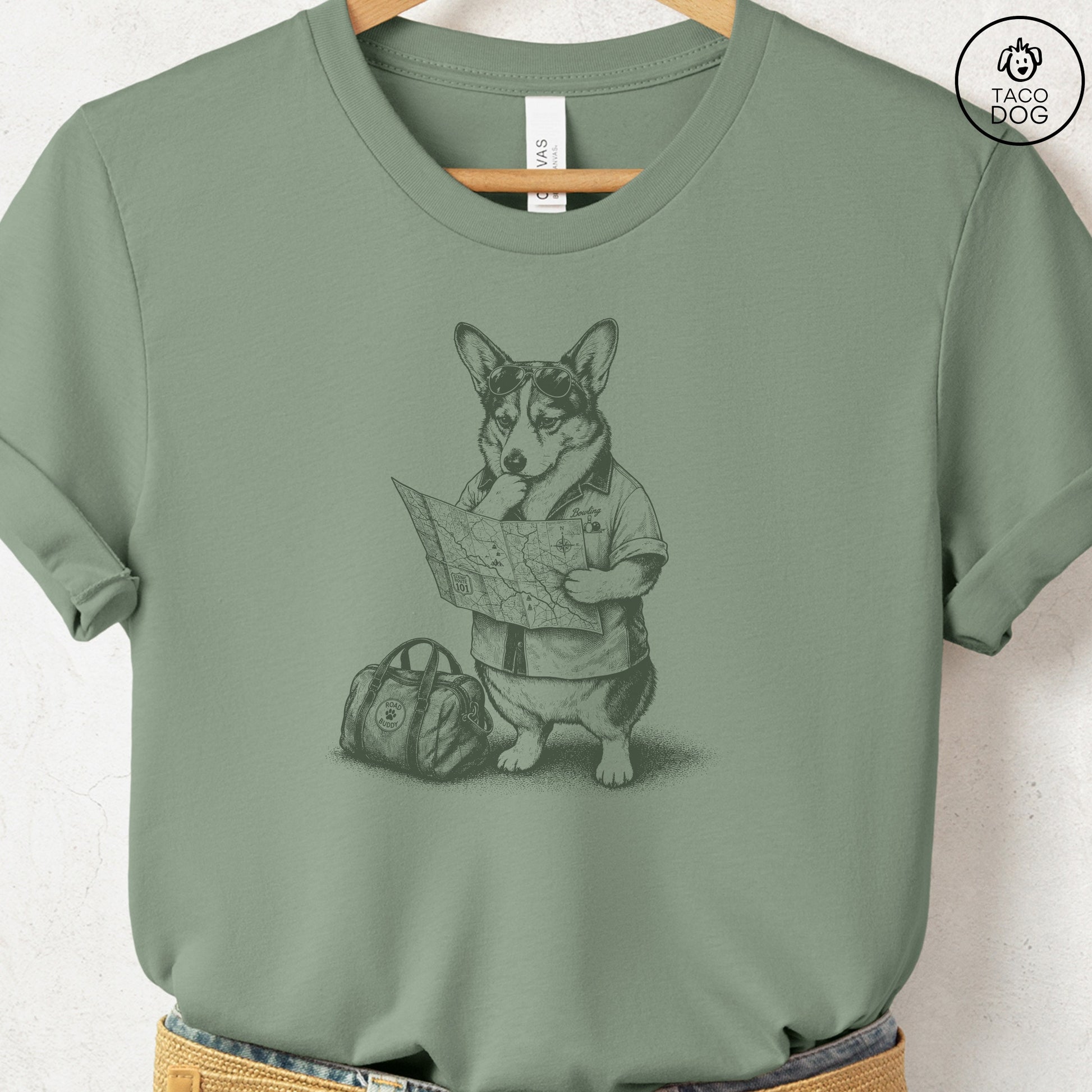 Corgi Route 66 T-Shirt Sage Taco-Dog