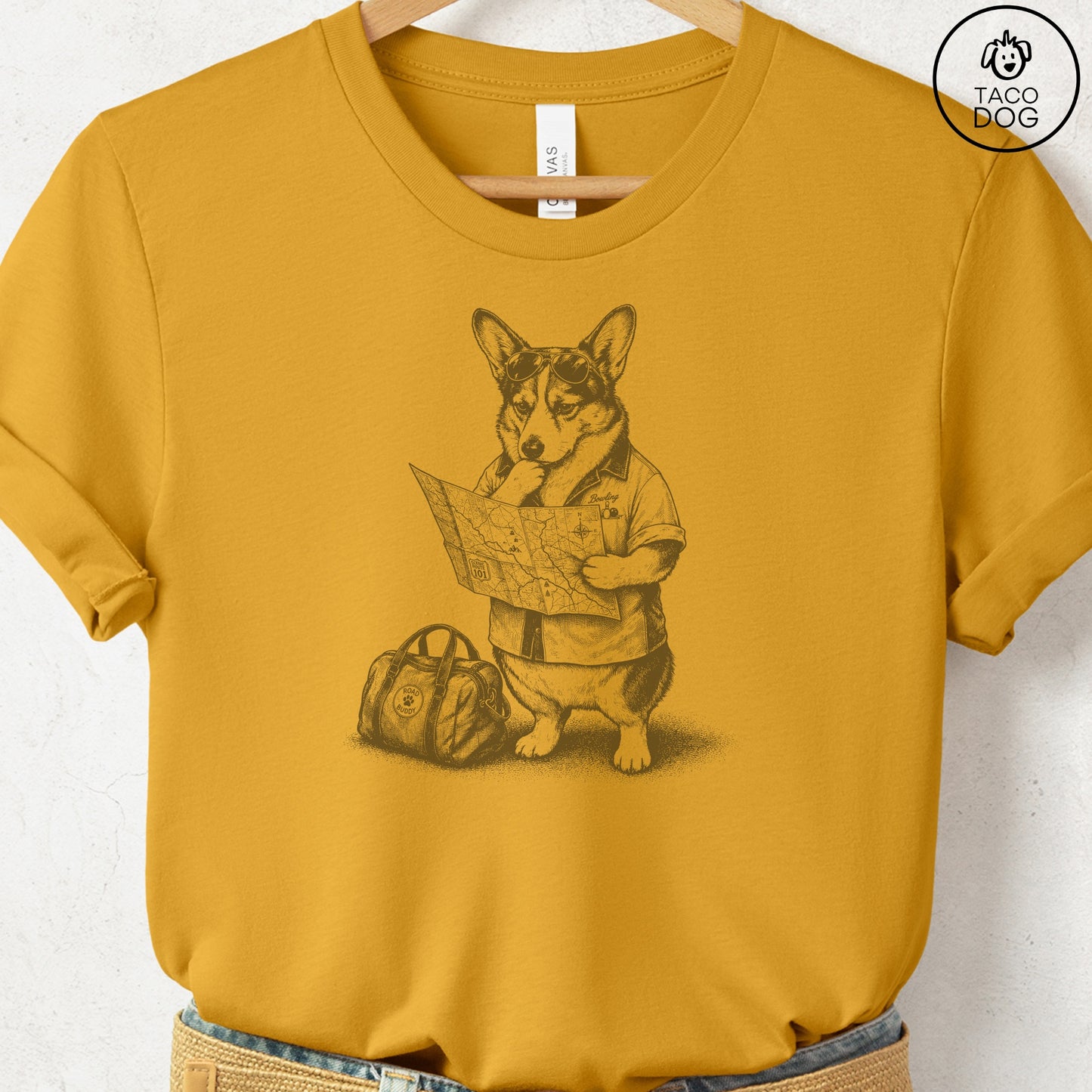 Corgi Route 66 T-Shirt Mustard Taco-Dog