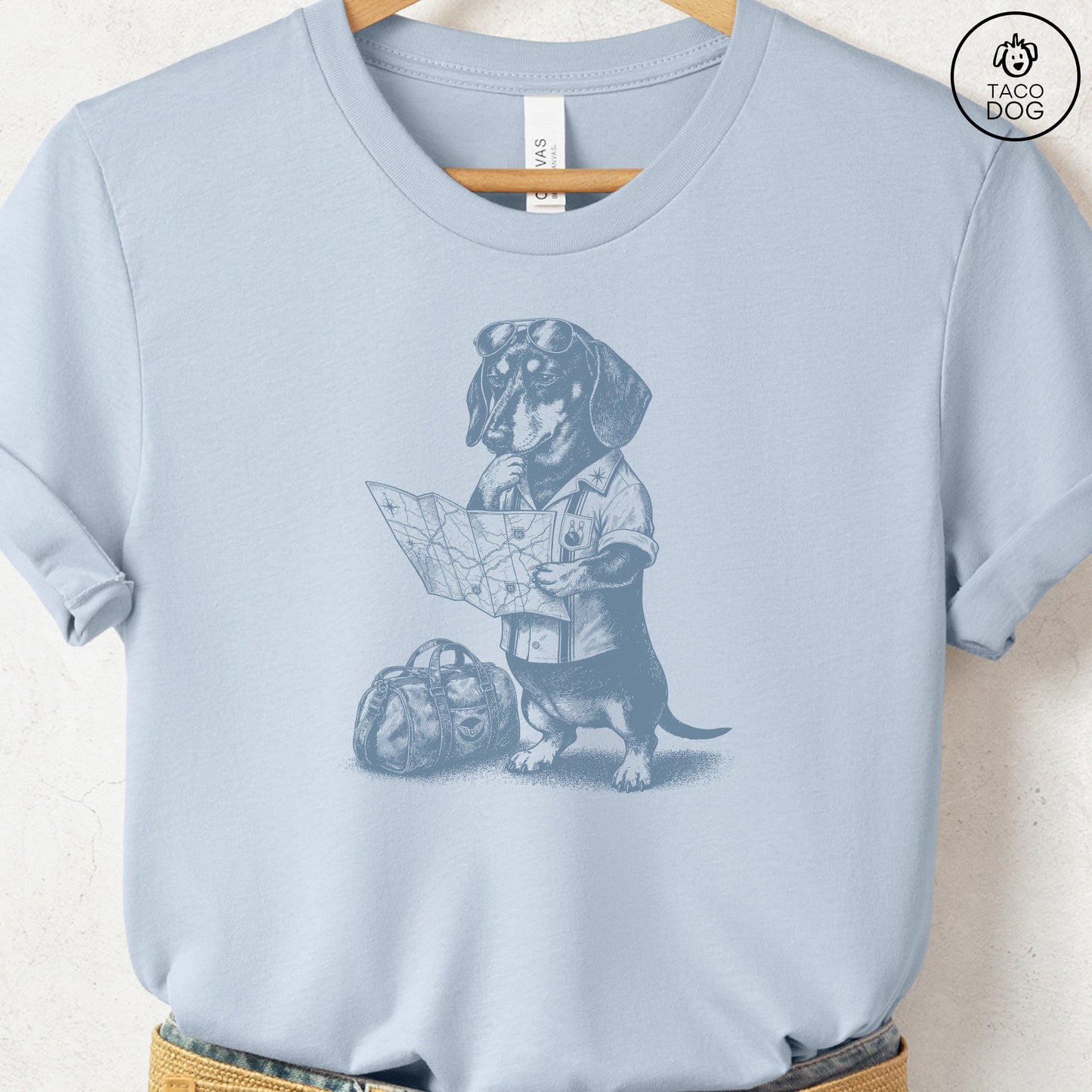 Dachshund Route 66 T-Shirt Light Blue Taco-Dog