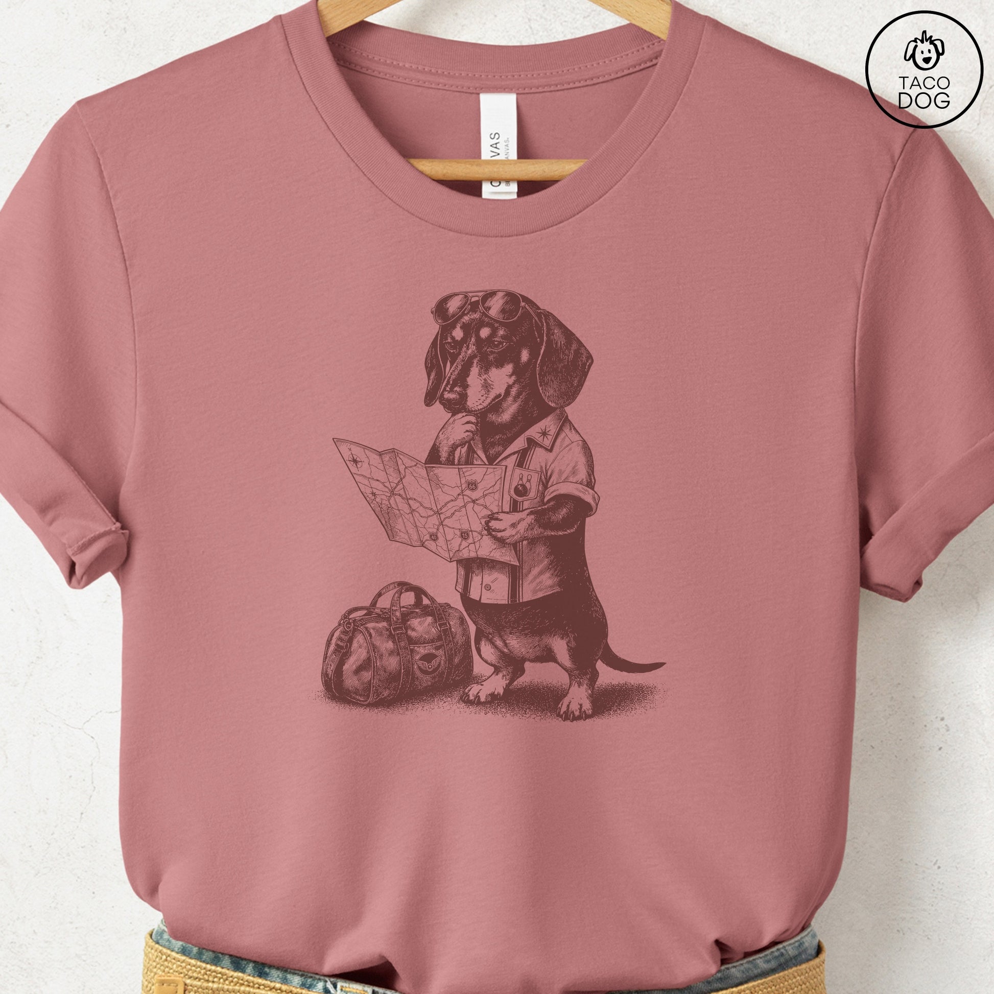 Dachshund Route 66 T-Shirt Heather Mauve Taco-Dog