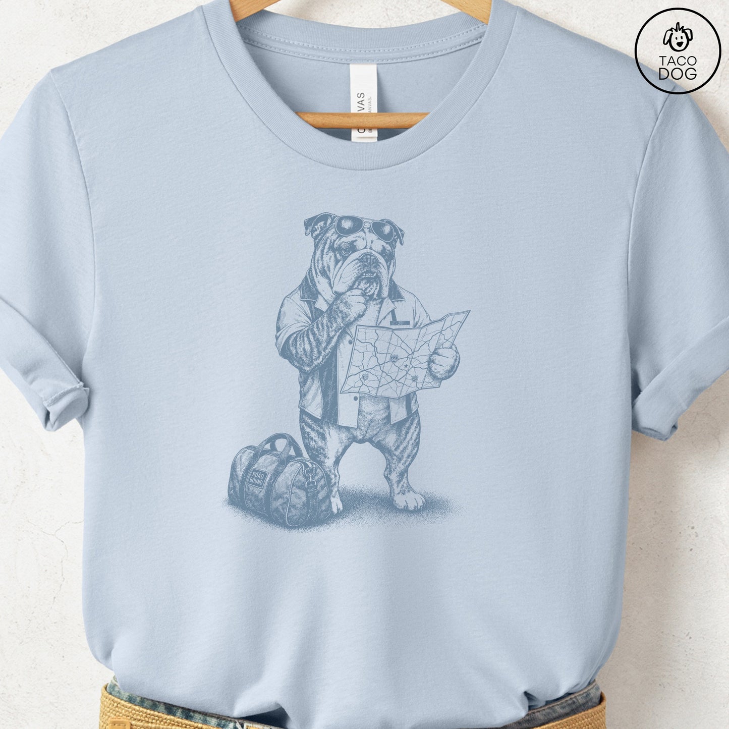 English Bulldog Route 66 T-Shirt Light Blue Taco-Dog