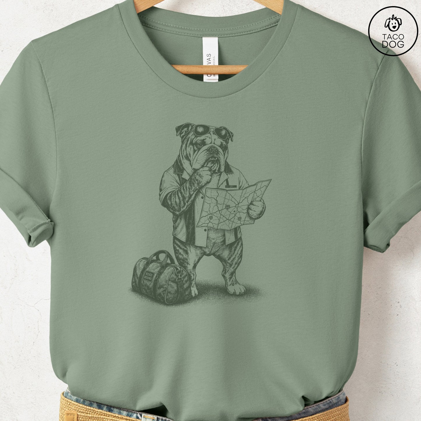 English Bulldog Route 66 T-Shirt Sage Taco-Dog