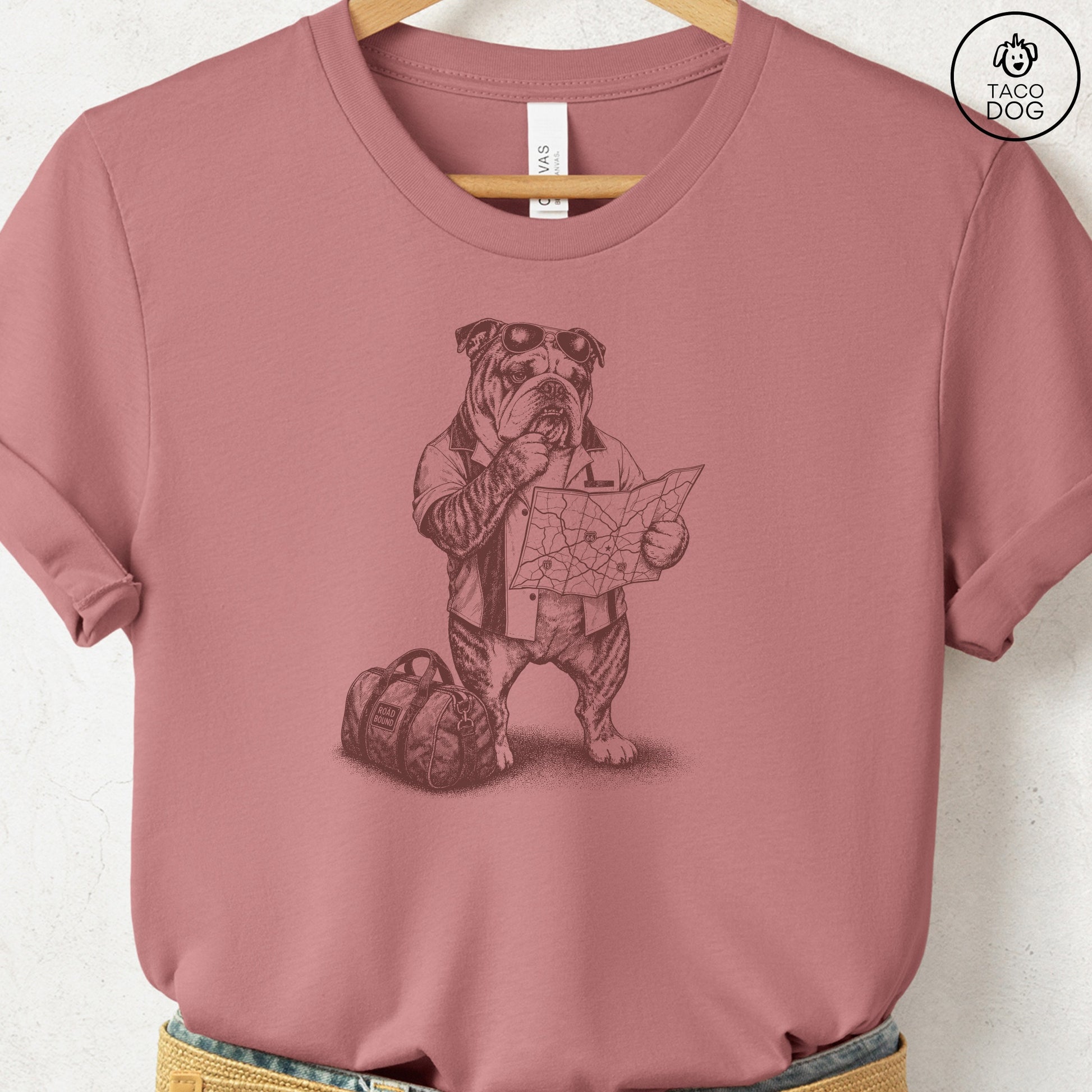 English Bulldog Route 66 T-Shirt Heather Mauve Taco-Dog