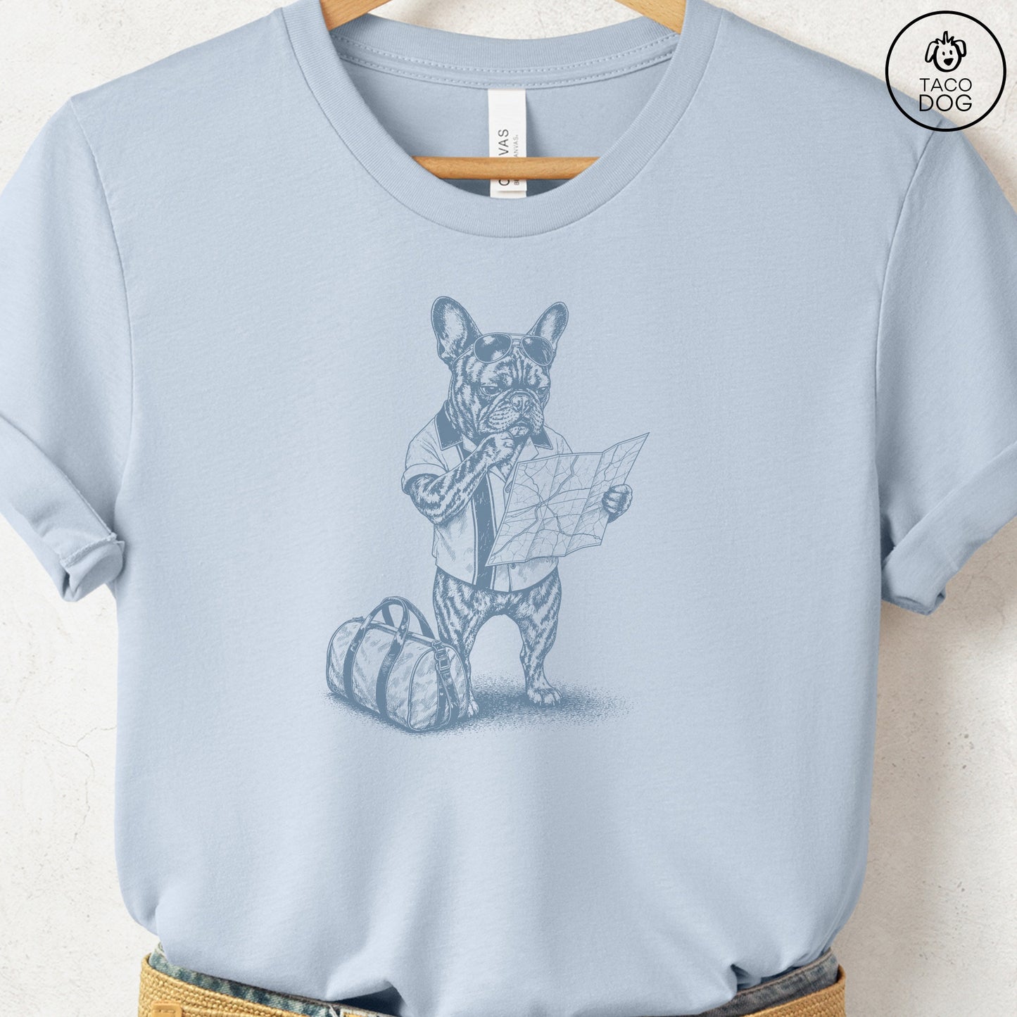 French Bulldog Frenchie Route 66 T-Shirt Light Blue Taco-Dog